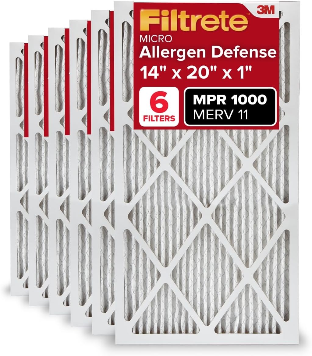 Filtrete 14x20x1 AC Furnace Air Filter, MERV 11, MPR 1000, Micro Allergen Defense, 3-Month Pleated 1-Inch Electrostatic Air Cleaning Filter, 6 Pack (Actual Size 13.81x19.81x0.81 in)