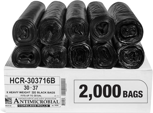 Aluf Plastics High Density Trash Bags, 30 Gallon, 2000 Count, 16 Micron (eq), 30" x 37", Black, for Bathroom, Office, Industrial, Commercial, Janitorial, Municipal, Recycling