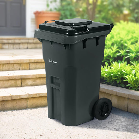 27 Gallon Outdoor Trash Can with Lid and Wheels Small Outdoor Garbage Can with Wheels Outside Heavy-Duty Rolling Trash Bin for Home Office Commercial Use, Gray