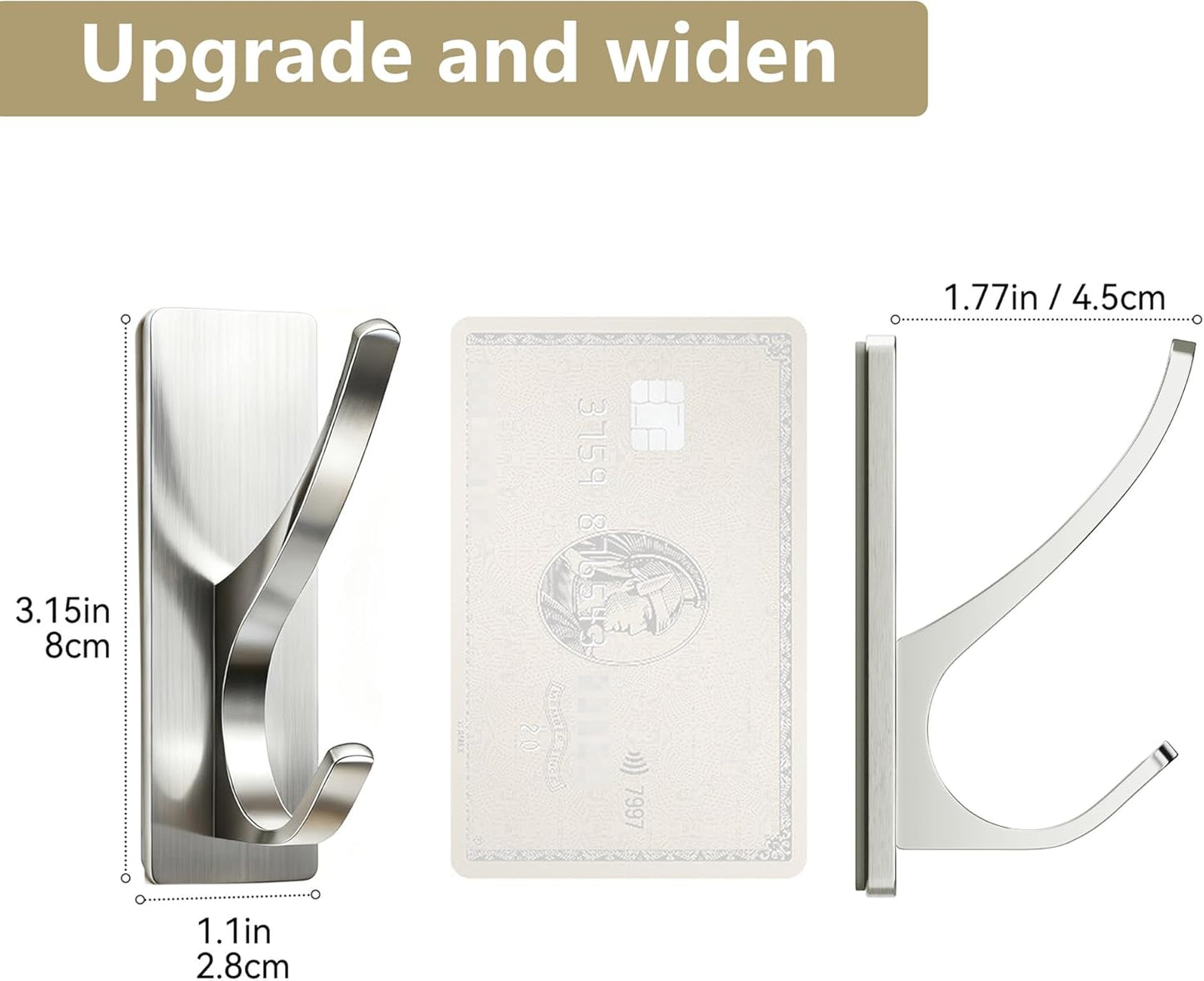 Self Adhesive Coat Hooks for Hanging: Heavy Duty Stainless Wall Hook for Towel, Backpack, Hat, Sturdy Metal Hanger for Bathroom, Bedroom, Door, Brushed Nickel 10 Pack