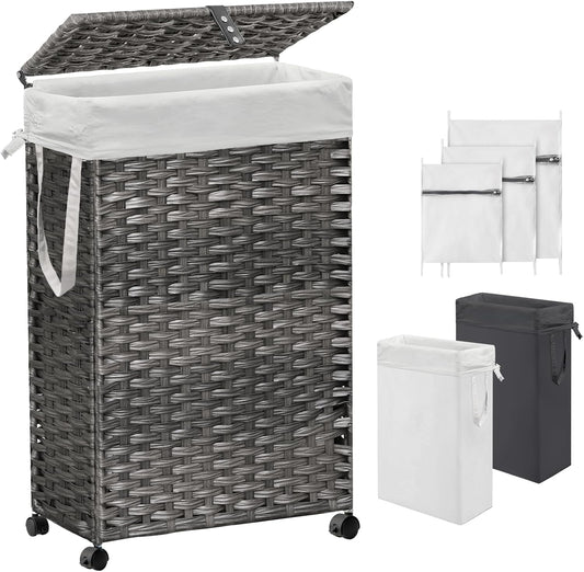 70L Slim Laundry Hamper with Lid & Wheels, Rolling Laundry Basket with 2 Removable Liner Bags & 3 Mesh Bags, Narrow Dirty Clothes Basket, Foldable Handwoven Rattan Laundry Sorter, Grey