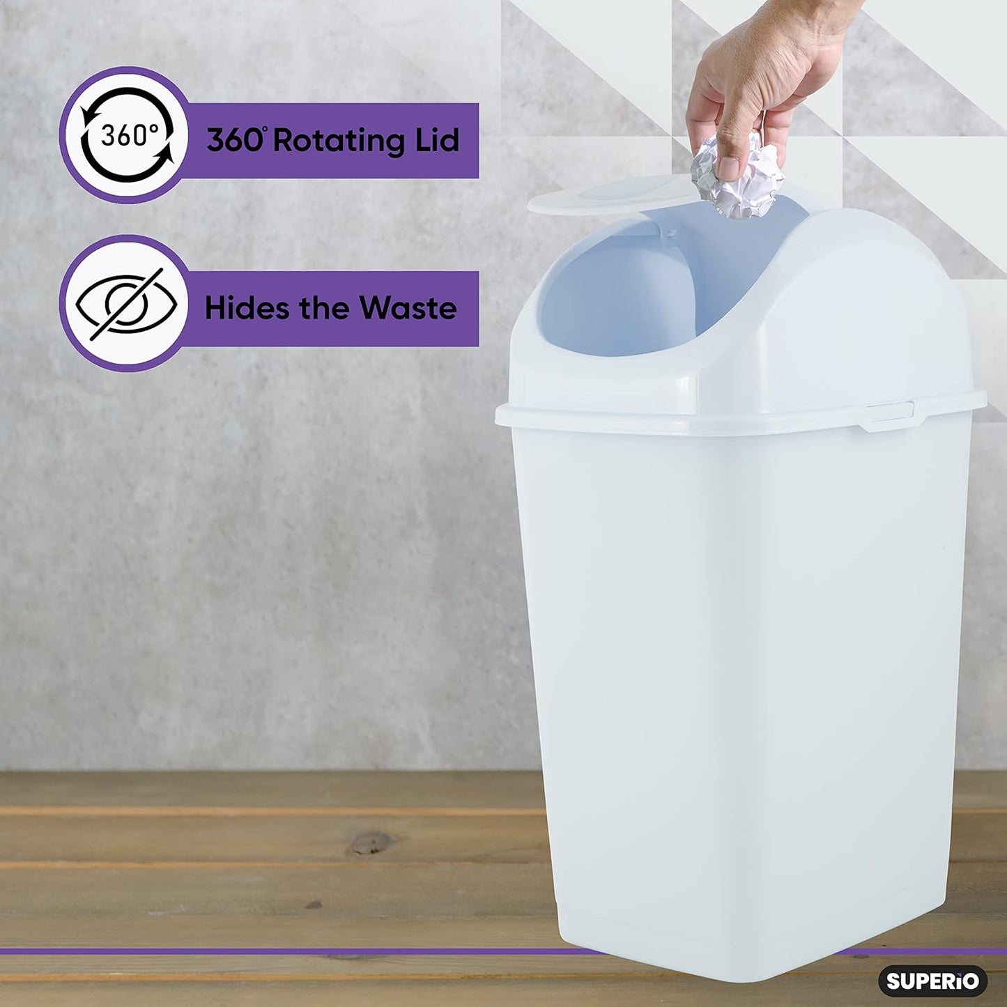 Superio Kitchen Trash Can with Swing Top Lid 9 Gallon Slim Waste Bin 37 Qt Sturdy Plastic Garbage Can Medium Recycling Bin for Office, Bathroom, Under Counter, Dorm, Bedroom (White-2 Pack)