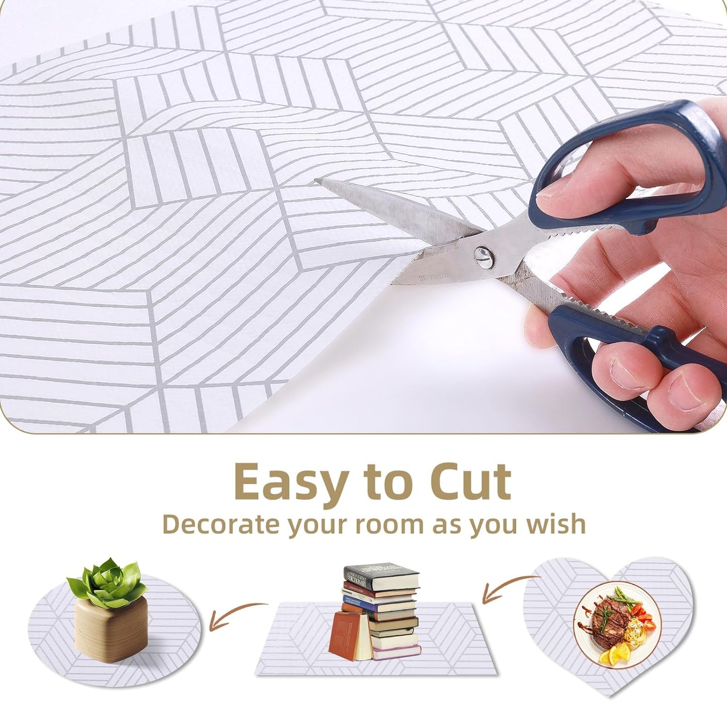 Shelf Liners for Kitchen Cabinets Non Adhesive Shelf Liner Paper Non-Slip Thickened Drawer Liner Easy to Clean for Tool Box Refrigerator with Knife and Tape Measure, Silver Geometric, 11.8 x 354.3 in