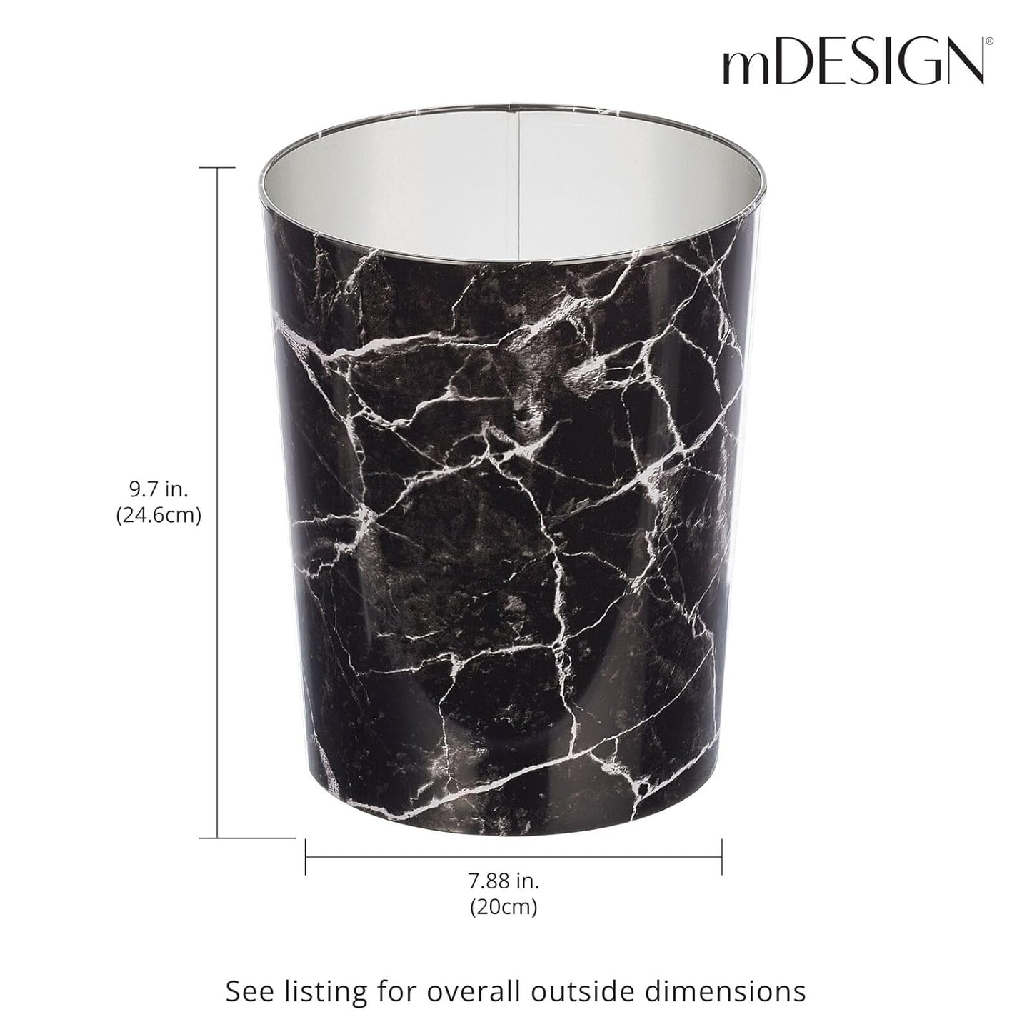 mDesign Round Metal Small 1.7 Gallon Recycle Trash Can Wastebasket, Garbage Container Bin for Bathrooms, Kitchen, Bedroom, Home Office - Durable Stainless Steel - Mirri Collection - Black Marble