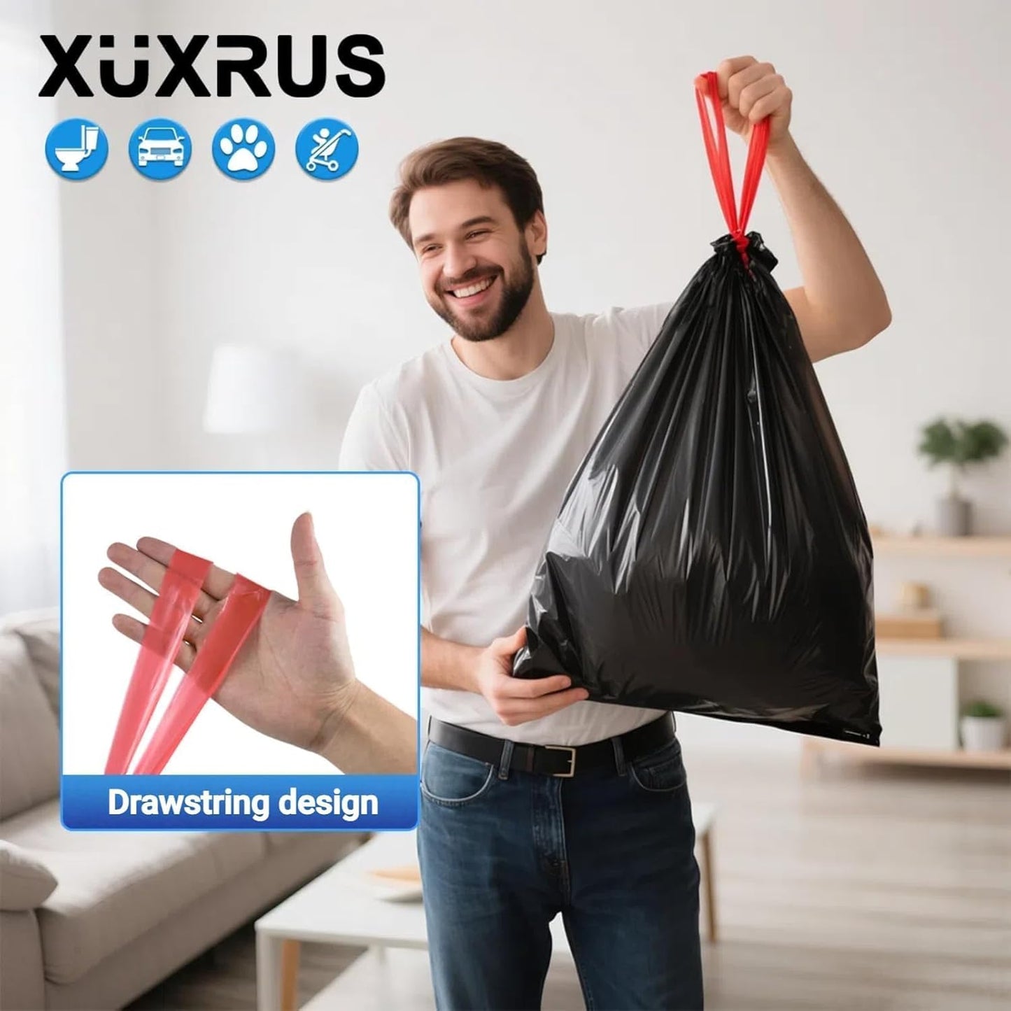 XUXRUS 2.6-3 Gallon Black Bathroom Drawstring Trash Bags - 60 Count Folded Small Garbage Bags, Tear-Resistant & Leak-Proof, Odor Control Liners for Bathroom, Kitchen, Office – Heavy Duty Trash Bags