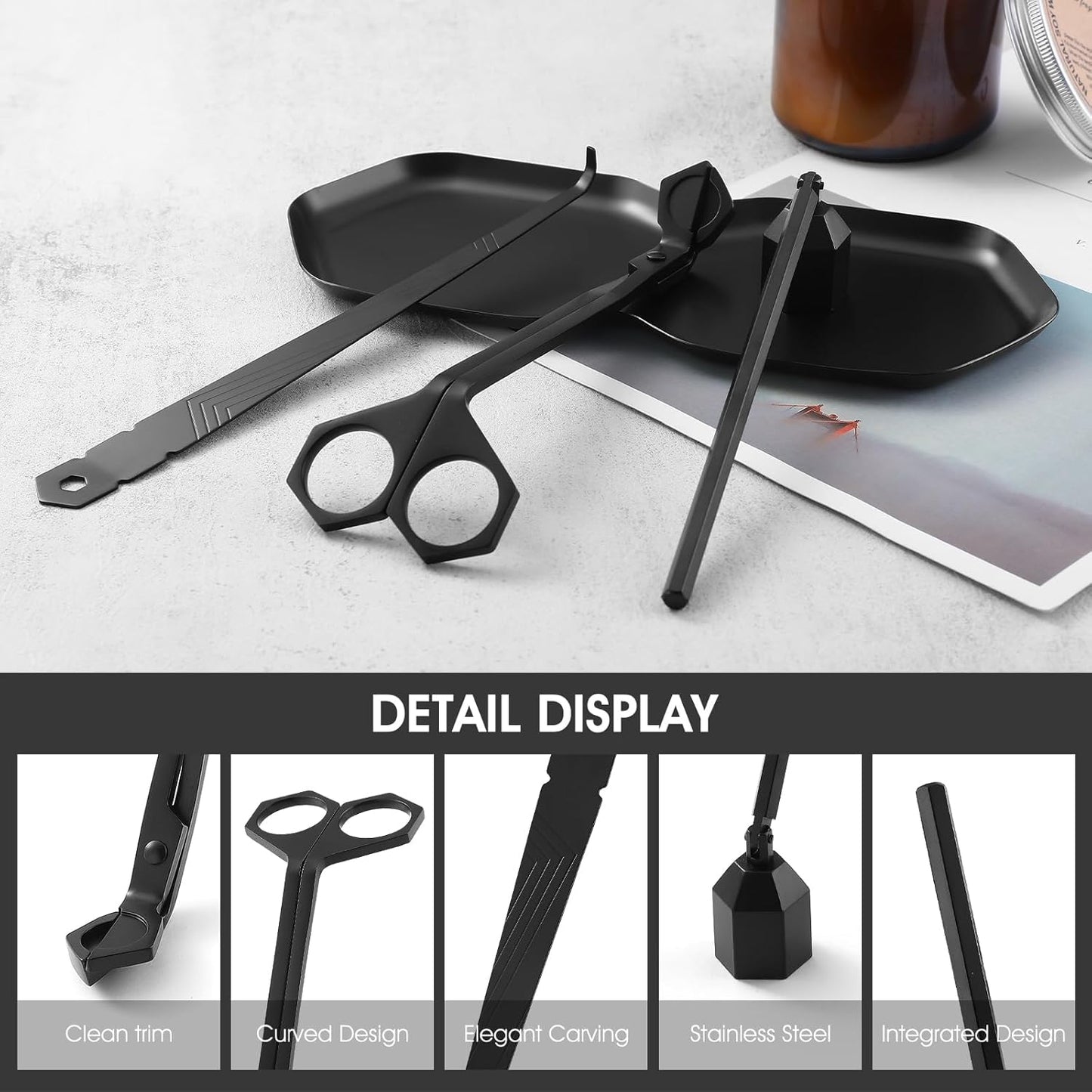 PATOISE 4 in 1 Candle Accessory Set, Wick Trimmer, Candle Snuffer, Wick Scoop,Storage Tray,Perfect for Candle Lovers (Black)
