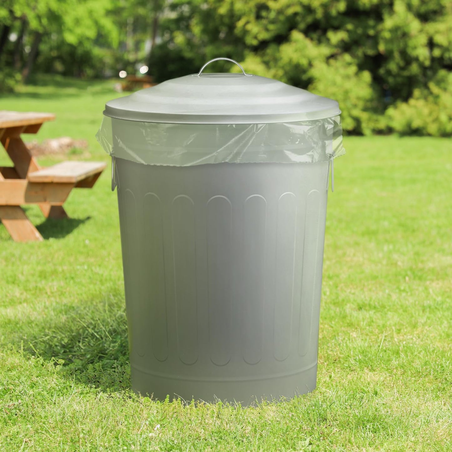 Plexon Round Trash Can 13 Gallon, Vintage Metal Outdoor Trash Can with Lid, Retro Farmhouse Garbage Container, Old School Modern Ash Bucket, Gray 3 Pack