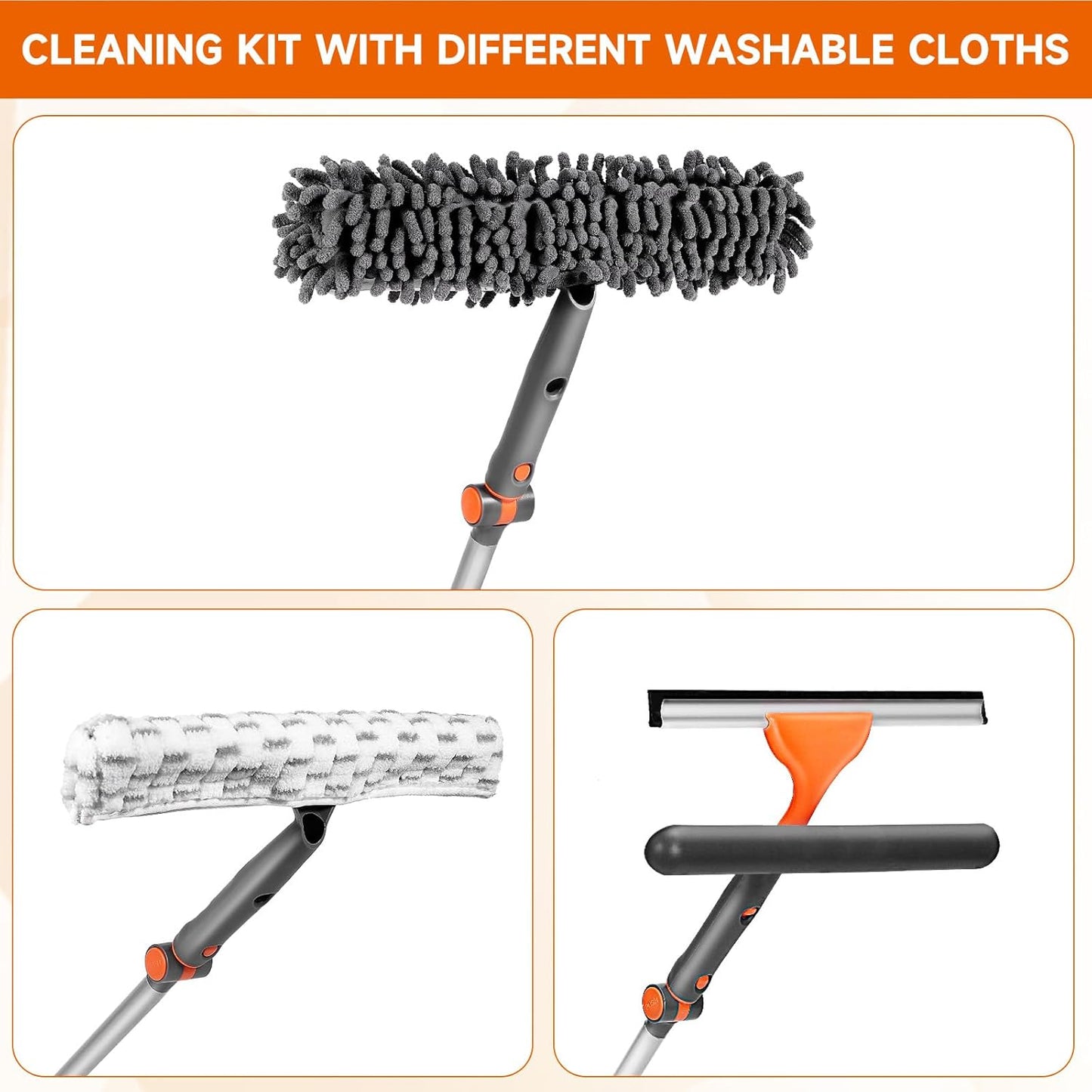 Chabatree Window Squeegee Cleaner Set 2-in-1 Window Cleaning Tool with Extendable Pole, Window Cleaning kit with Bendable Head for Indoor & Outdoor Glass for Car Indoor Outdoor High Windows（Kit1.0）
