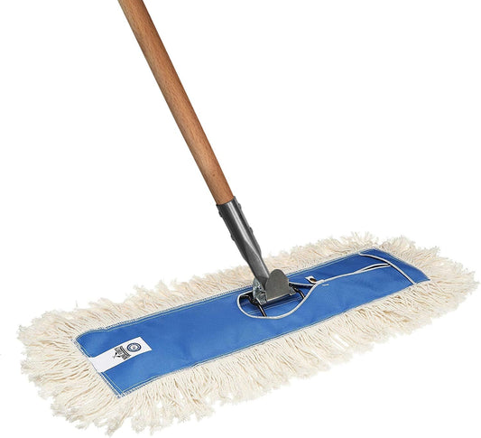 Nine Forty 24" Premium Cotton Dust Mop Kit - Heavy Duty Mop Head with Wood Handle for Industrial, Commercial, and Residential Cleaning - Dry Floor Duster for Hardwood Surfaces - White
