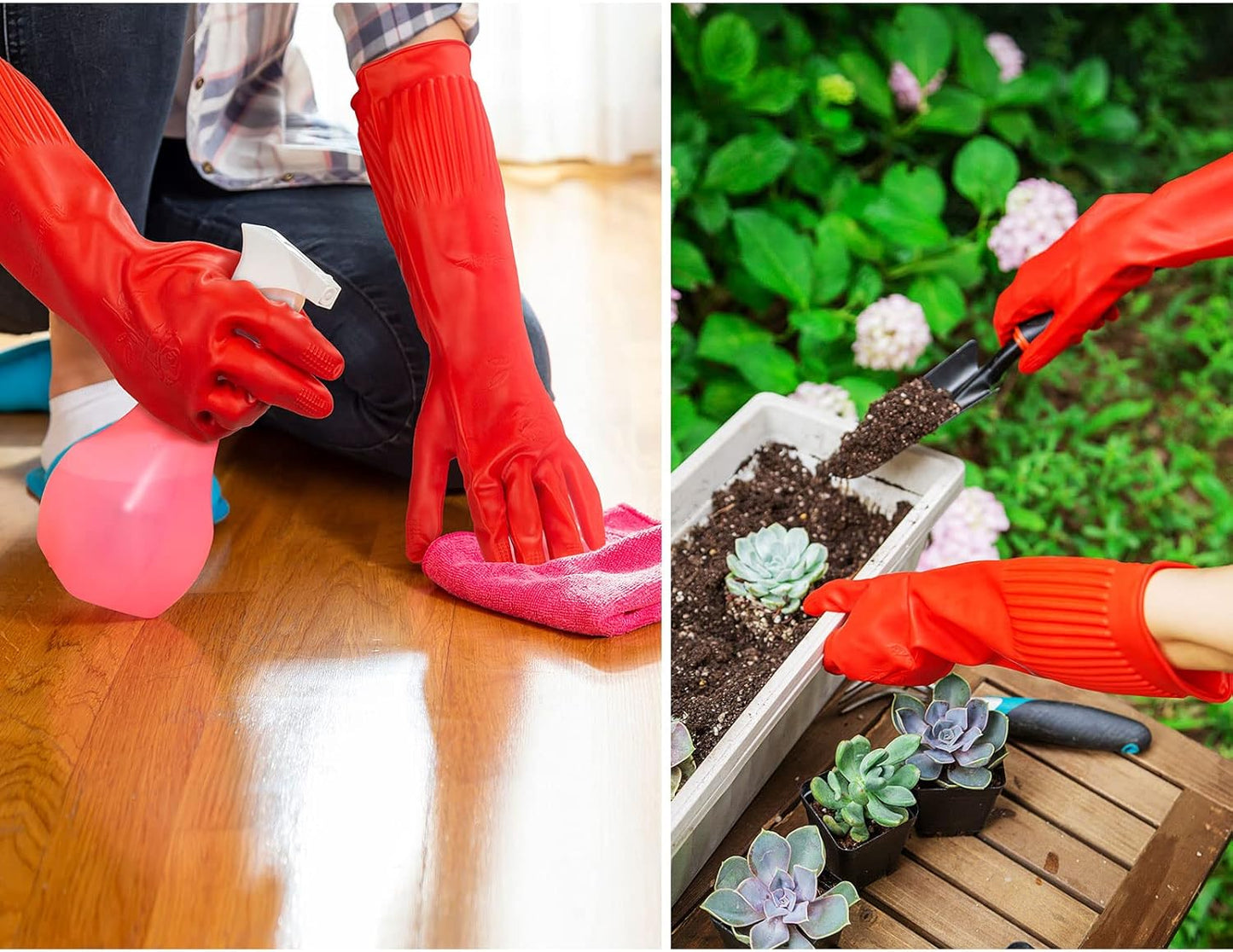 Vgo... 1-Pair Dishwashing Gloves, Reusable Household Gloves, Kitchen Gloves, Long Sleeve, Thick Latex, Cleaning, Washing, Working, Painting, Gardening, Pet Care (Size M,Red, RB2143)