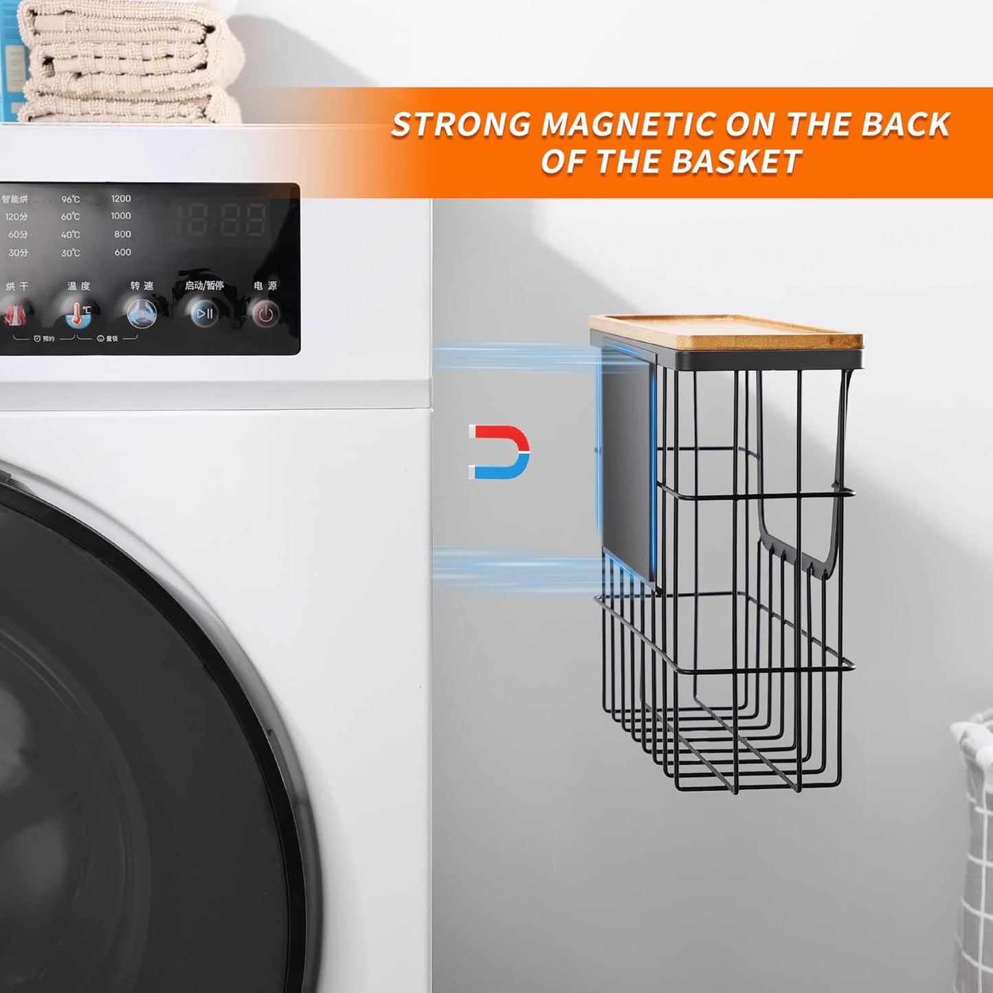 Magnetic Dryer Ball Holder - Black Basket for Laundry Room Organization and Storage with Bamboo Top - Magnetic Lint Bin Suitable for Washer and Dryer / Fridge / Whiteboard (No Balls)