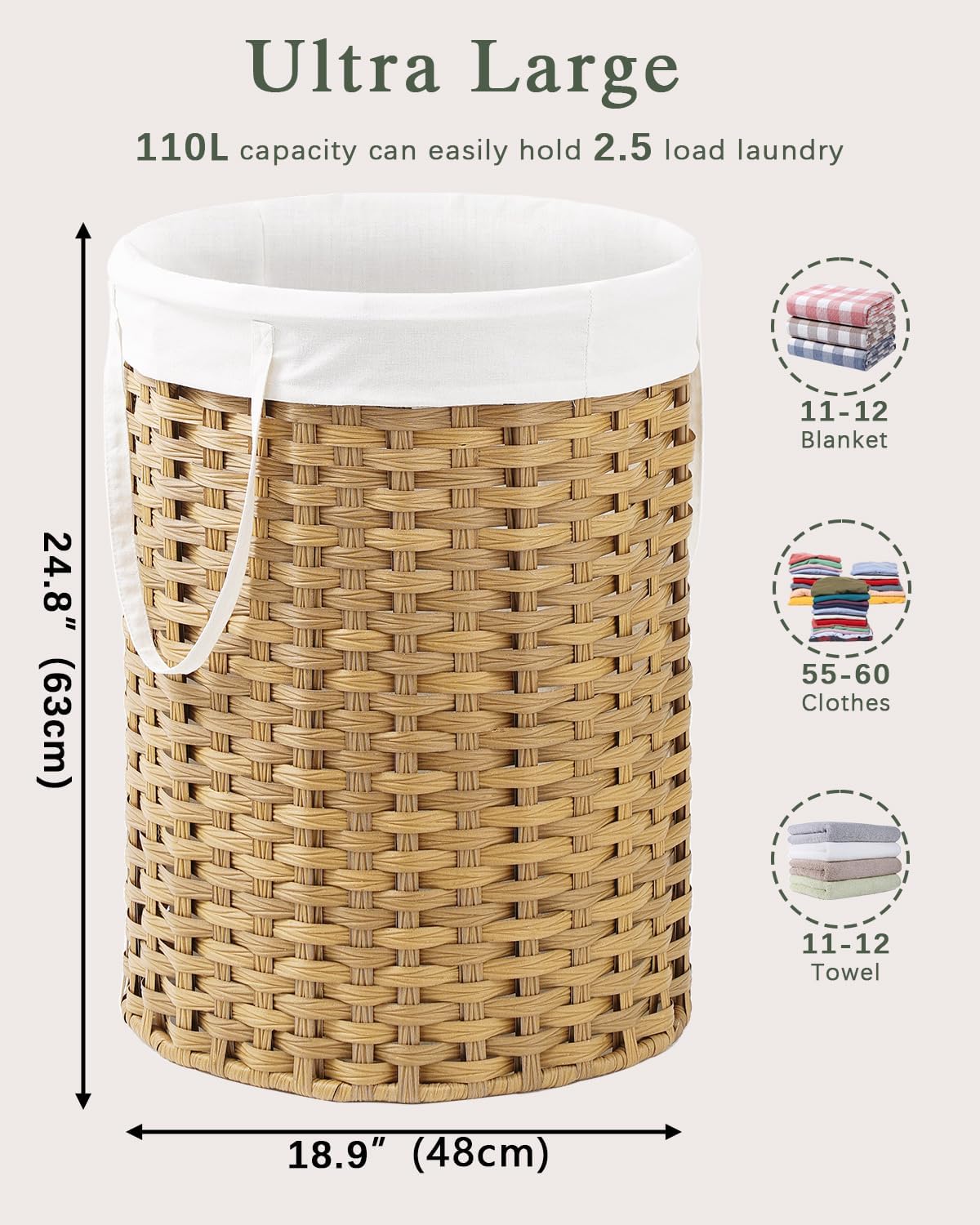 Laundry Basket Round Rattan Laundry Hamper 29.1 Gal (110 L) Handwoven Large Wicker Basket with Handles, Wicker Hamper with Removable Bags and 2 Mesh Bags for Bathroom Living Room Natural