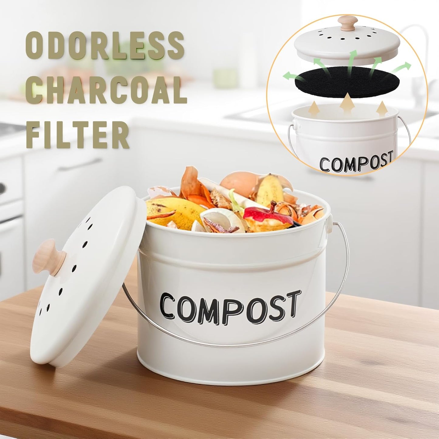 Compost Bin for Kitchen Counter, 1 Gallon Compost Bucket with Lid and Charcoal Filter, Countertop Composter, Rust Proof Indoor Food Waste Bin, White