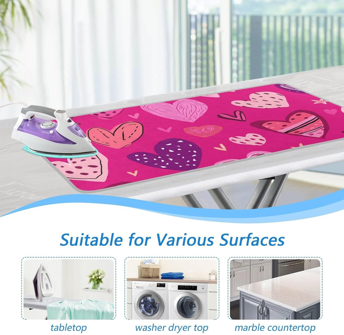 Ironing Mat Portable Ironing Pad Ironing Blanket for Table Top Heat Resistance Double-Side Using Travel Large 47.2 x 27.6 Inch Foldable Lightweight Hot Pink Doodle Hearts Stars