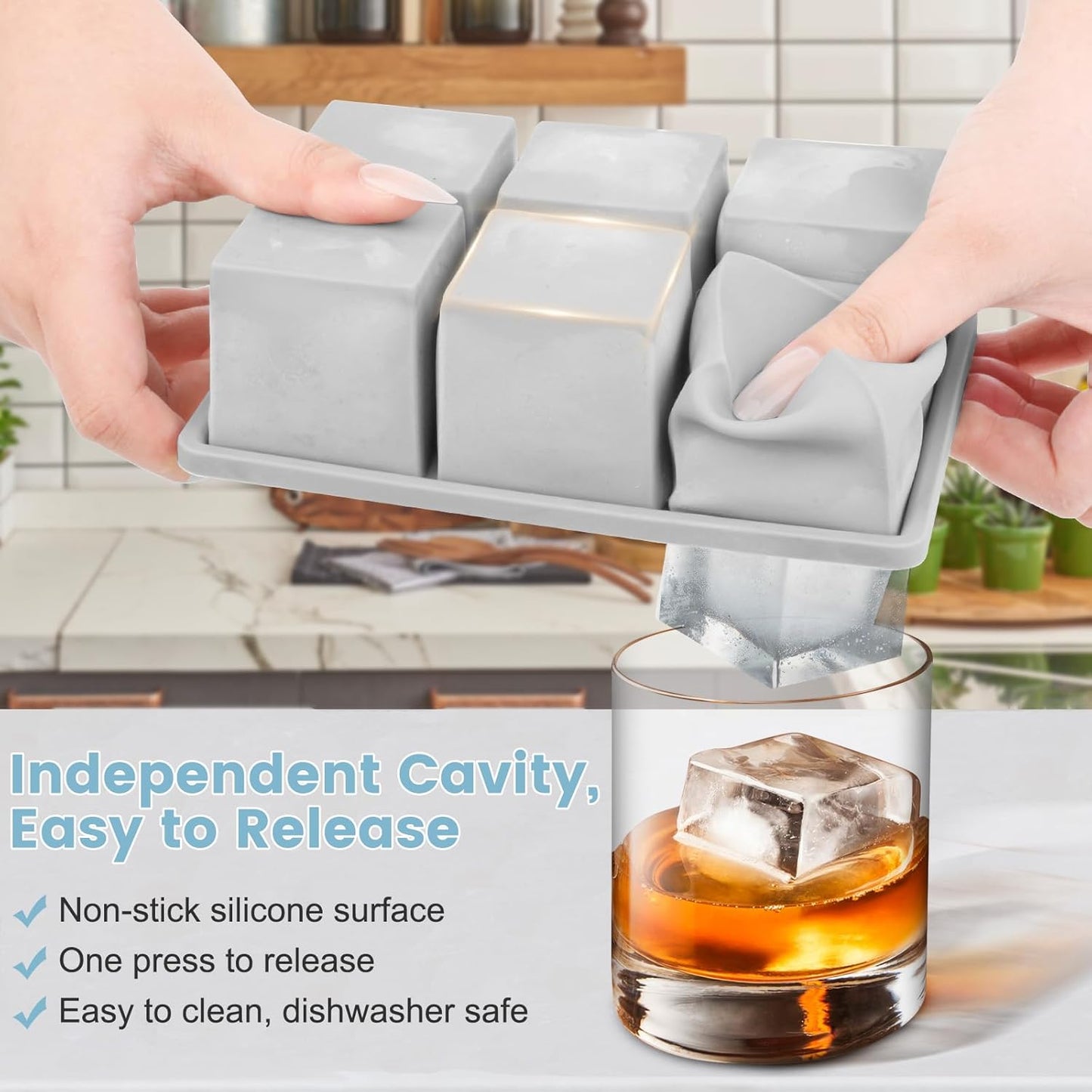 Large Silicone Ice Cube Tray 3Pack, SAWNZC Big Square Ice Cube Molds for Whisky Cocktail, Ice Maker Tray with Lid for Freezer, Easy Release (3, Grey)