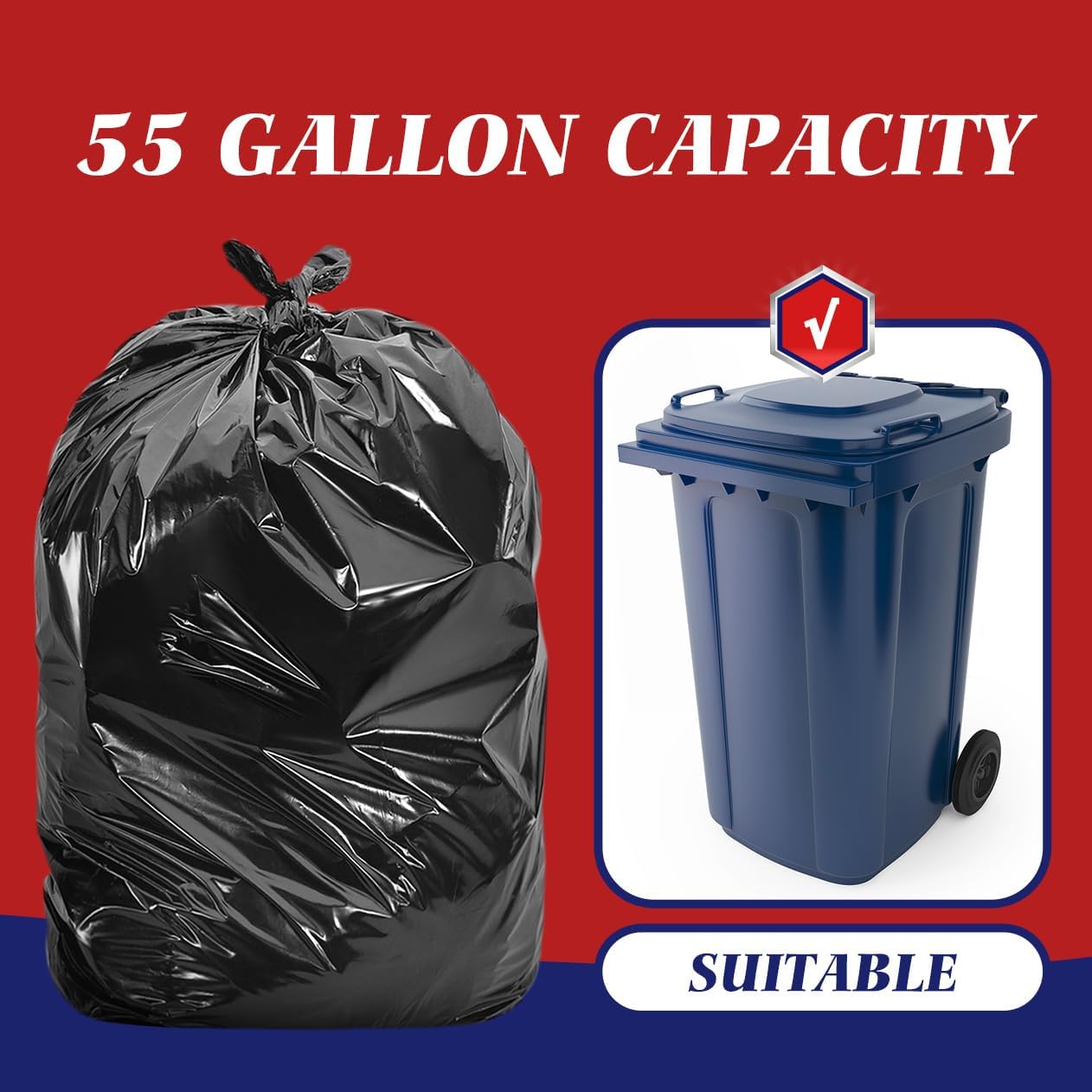 Teivio 55-60 Gallon Black Trash Bags | 170 Bags Extra Large Multi-Use Heavy Duty Commercial Garbage Bags | Lawn And Leaf Bags | Outdoor Yard Waste Bag | Contractor Workshops Trash Bin Liner