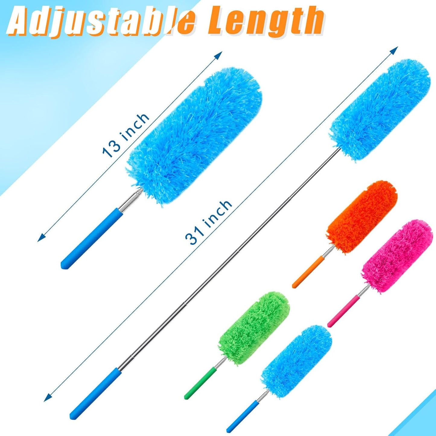 Tanlade 8 Pcs Microfiber Feather Duster for Cleaning 13-31 Inch Extendable Cobweb Dusters Ceiling Fan Duster Washable Bendable Tool for Office Car Window Furniture (Stylish Color)