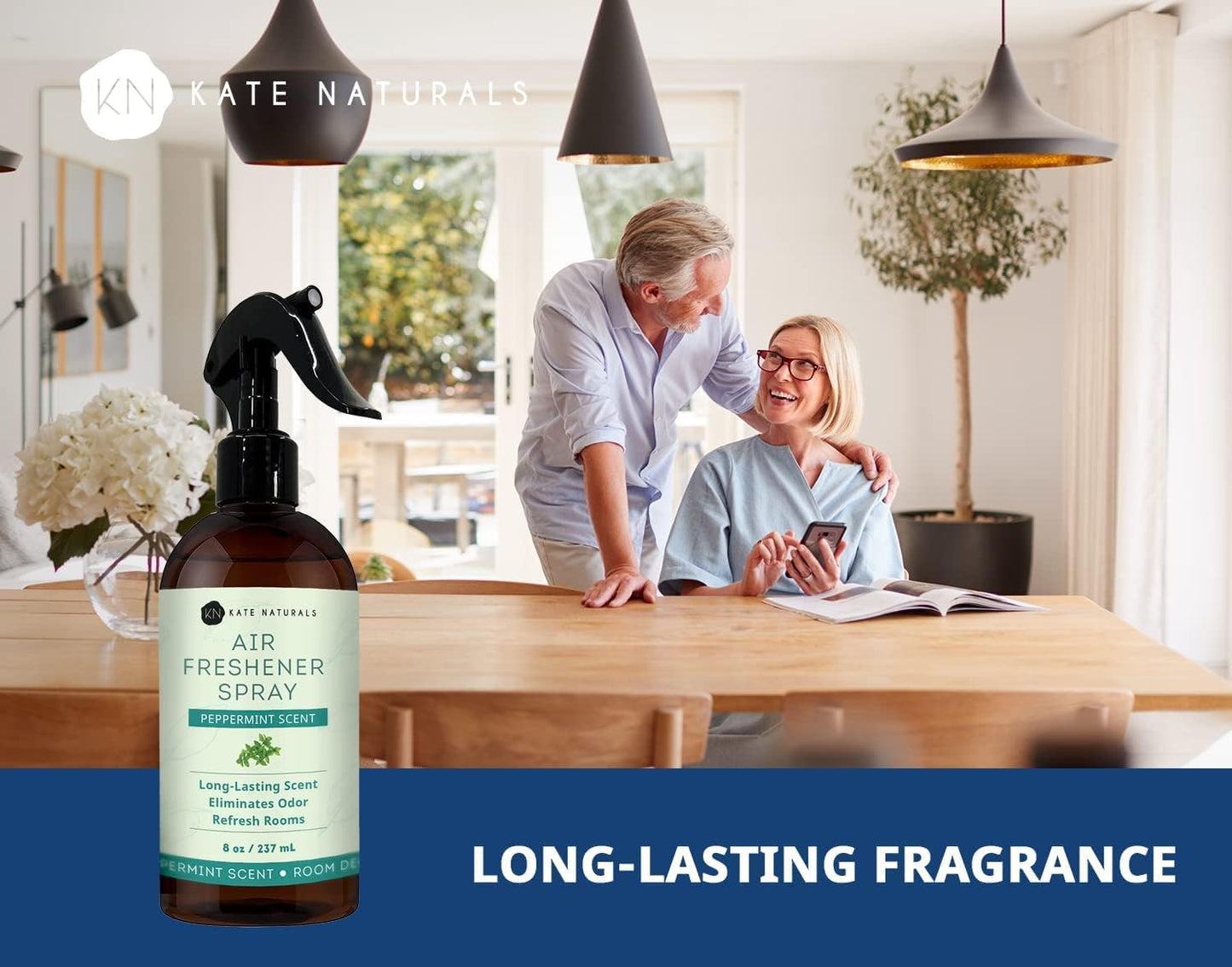 Kate Naturals Peppermint Air Freshener Spray for Room & Car with Natural Mint. Odor Eliminator Peppermint Spray for Bathroom & Linen (8 fl oz, Pet Safe, Non Toxic)