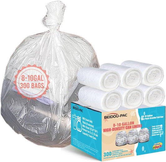 Trash Bags 8-10 Gallon, 300 Count Bulk, Clear Plastic Recycling Bags, Multi-purpose Garbage Bags Can Liners for Business Home Kitchen Commercial and Industrial