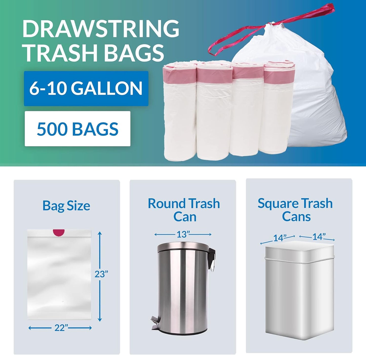Reli. 6-10 Gallon Trash Bags Drawstring | 500 Count Bulk | 22"x23" | 6, 8, 10 Gallon Drawstring Garbage Bags | White Trash Can Liners | Small - Medium