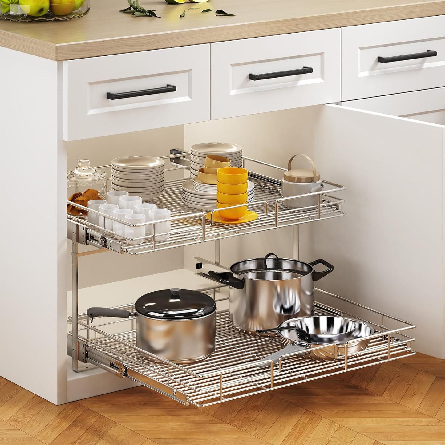 2 Tier Individual Pull Out Cabinet Organizer 31½" W x 21½" D, Heavy Duty Cabinet Pull Out Shelves, Slide Out Drawers Organization for Kitchen Cabinets Bathroom
