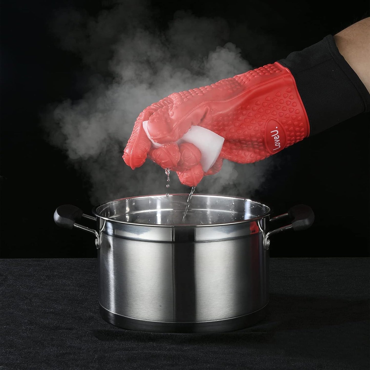 Kitchen Oven Gloves - Dual-Layer Heat Resistant Grilling Gloves, Silicone Oven Mitts with 5 Fingers, Waterproof Non-Slip Pot Holder for Barbecue, Cooking, Baking (Red, Long)