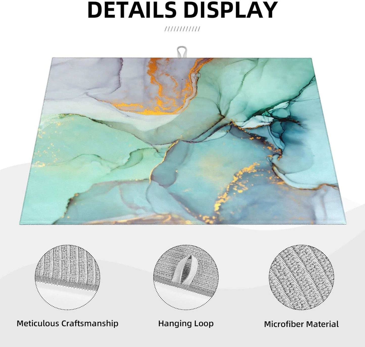 Teal Marble Golden Swirls Pattern Dish Drying Mats For Kitchen Counter Microfiber Absorbent dish Mat Xl Reversible Drying Mats For Countertop 18 Inch X 24 Inch