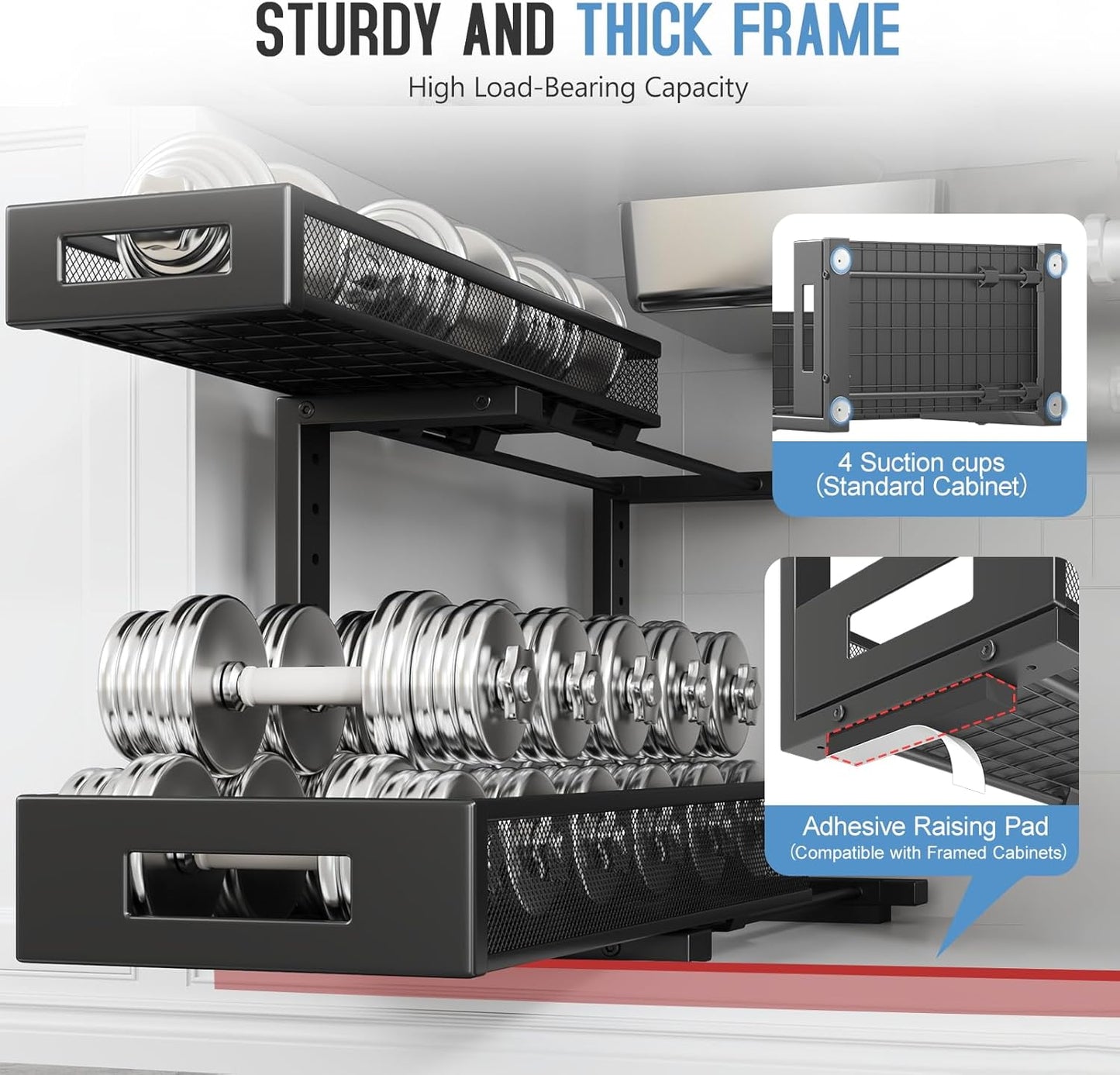 1 Pack 19IN Depth Under Sink Storage Organizer, Large 2-Tier Elegant Mesh Pull Out Shelf for Kitchen and Bathroom Cabinet Organization, L-Shaped and Adjustable Height Design-Black