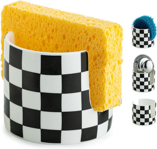 Checkered Kitchen Sink Sponge Holder, Dish Sponge Rack Ceramic Brush Holder Farmhouse Kitchen Dish Rack for Brush, Scrubbers, Bathroom, Sink, Black and White