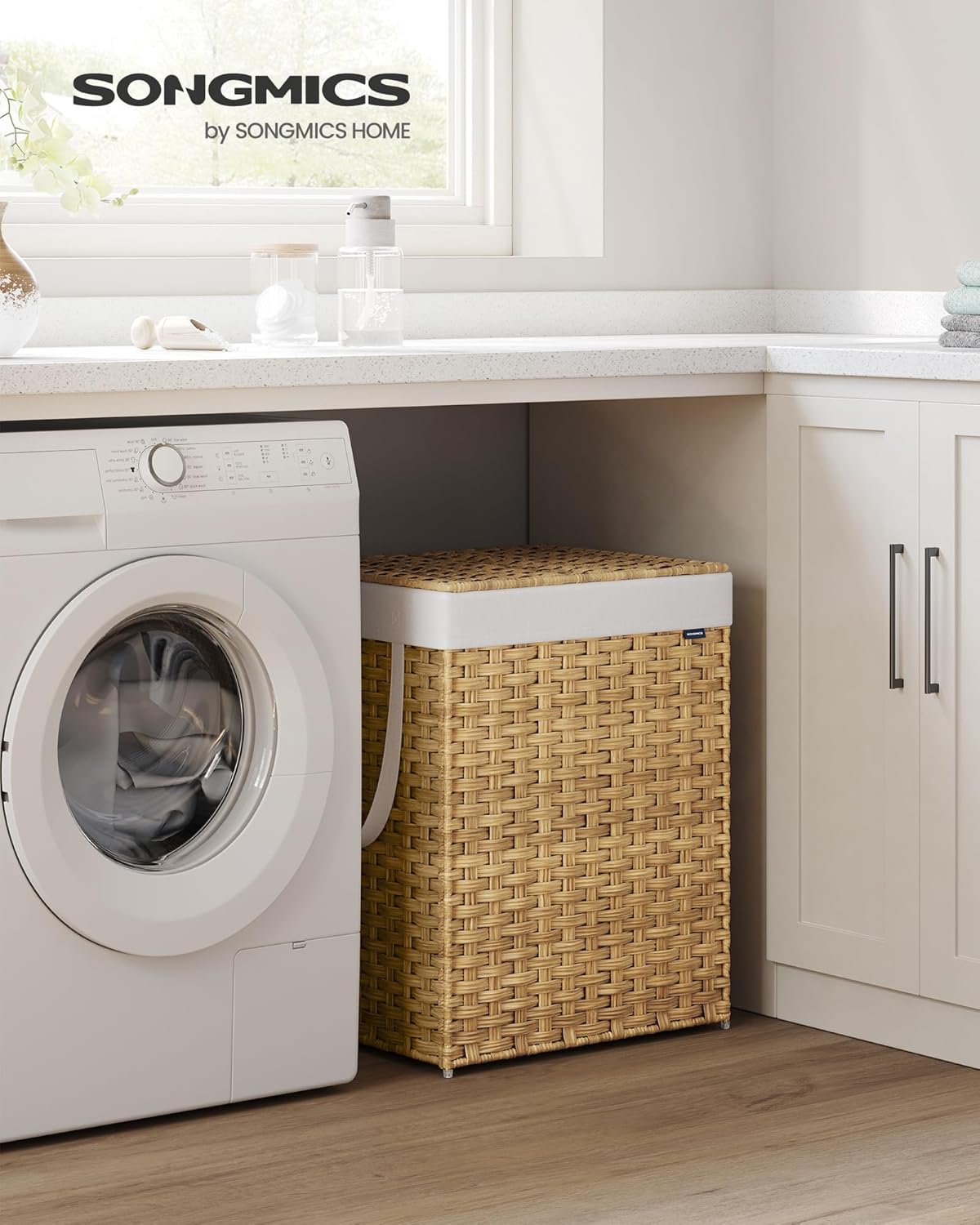 SONGMICS Laundry Hamper with Lid, 29.1 Gallon (110 L) Synthetic Rattan Clothes Laundry Basket with Lid and Handles, Foldable, Removable Liner, Goose Yellow ULCB152Y01