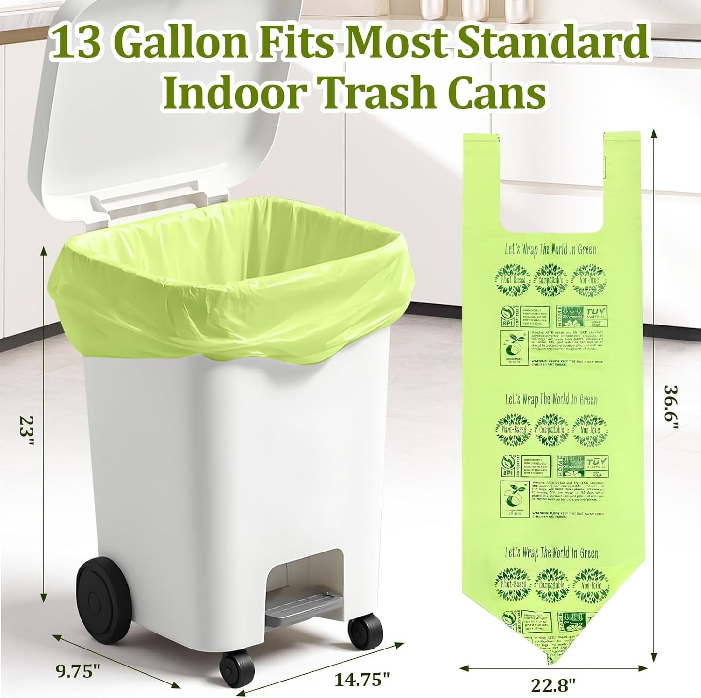 10-13 Gallon Compostable Trash Bags Handle-Tie, Heavy Duty Thick 0.87 Mil, 49.21 Liter, 30 Bags, Tall Kitchen Food Scrap Waste Bag, ASTM D6400, US BPI and OK Compost Home Certified