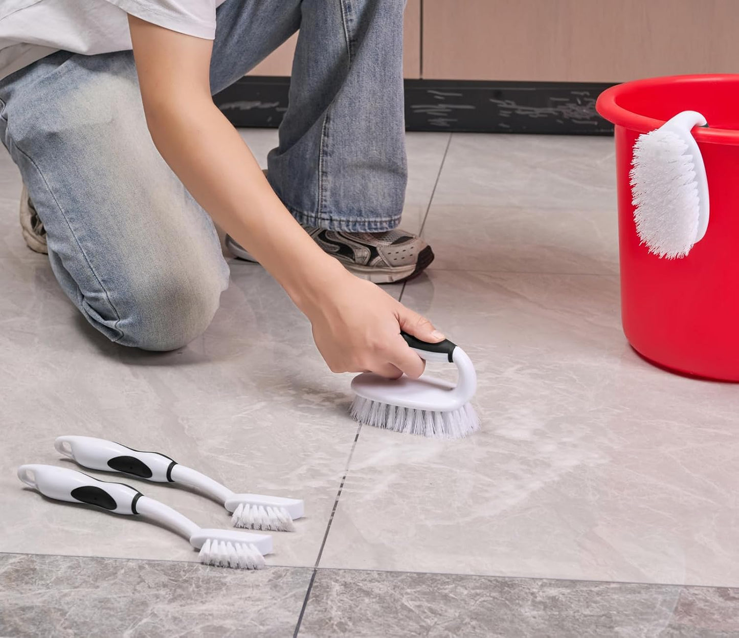 Scrub Brush Set, 4 Pack Deep Cleaning Brush Kit - 2 Scrub Brush, 2 Tile & Grout Brush with Built-in Scraper, Household Commercial Scrubber for Floor, Shower, Pool Wall, Tub (Black)