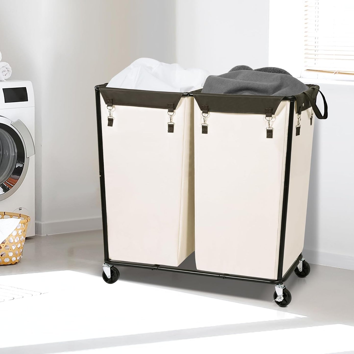 STORAGE MANIAC Commercial Laundry Hamper with Heavy Duty Steel Frame, 74 Gal. Industrial Laundry Basket Cart with Wheels for Hotel, Home, Laundry Room, Big Large Clothes Sorter, 2 Section Beige