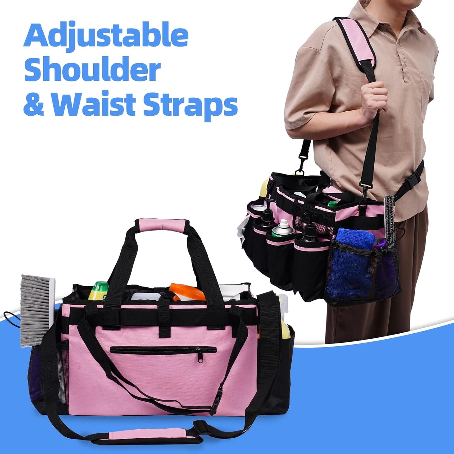 Large Cleaning Caddy, Professional Wearable Supplies Bag for Housekeepers, House Cleaners, and Car Detailing - Organizer Tote With Handle, Pink