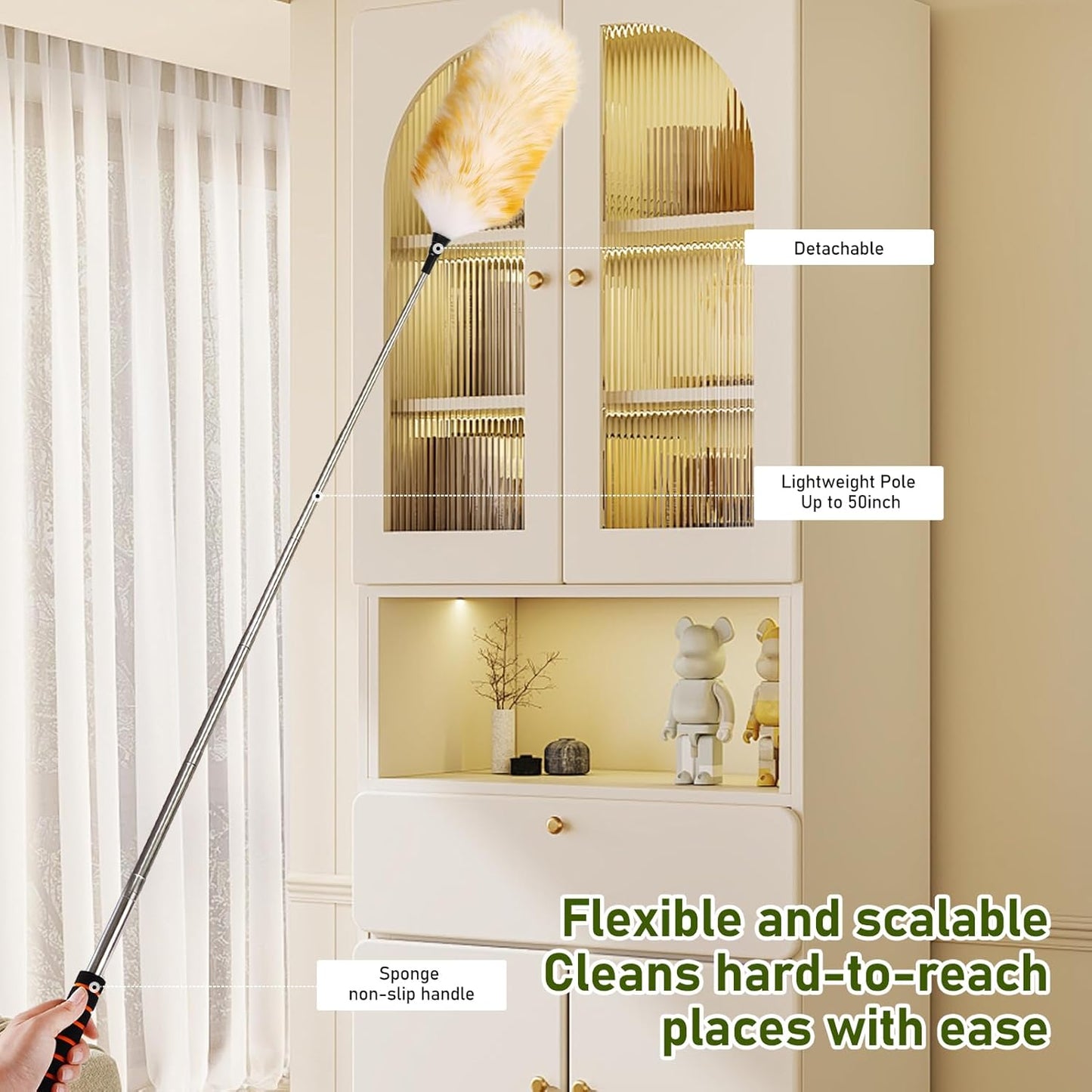 Extendable Lambswool Duster 25-64" Retractable Telescopic Handle Removable Head Multi-Surface Cleaning Tool for Ceiling Fans, Windows, High Walls, and Hard-to-Reach Areas (2pcs)