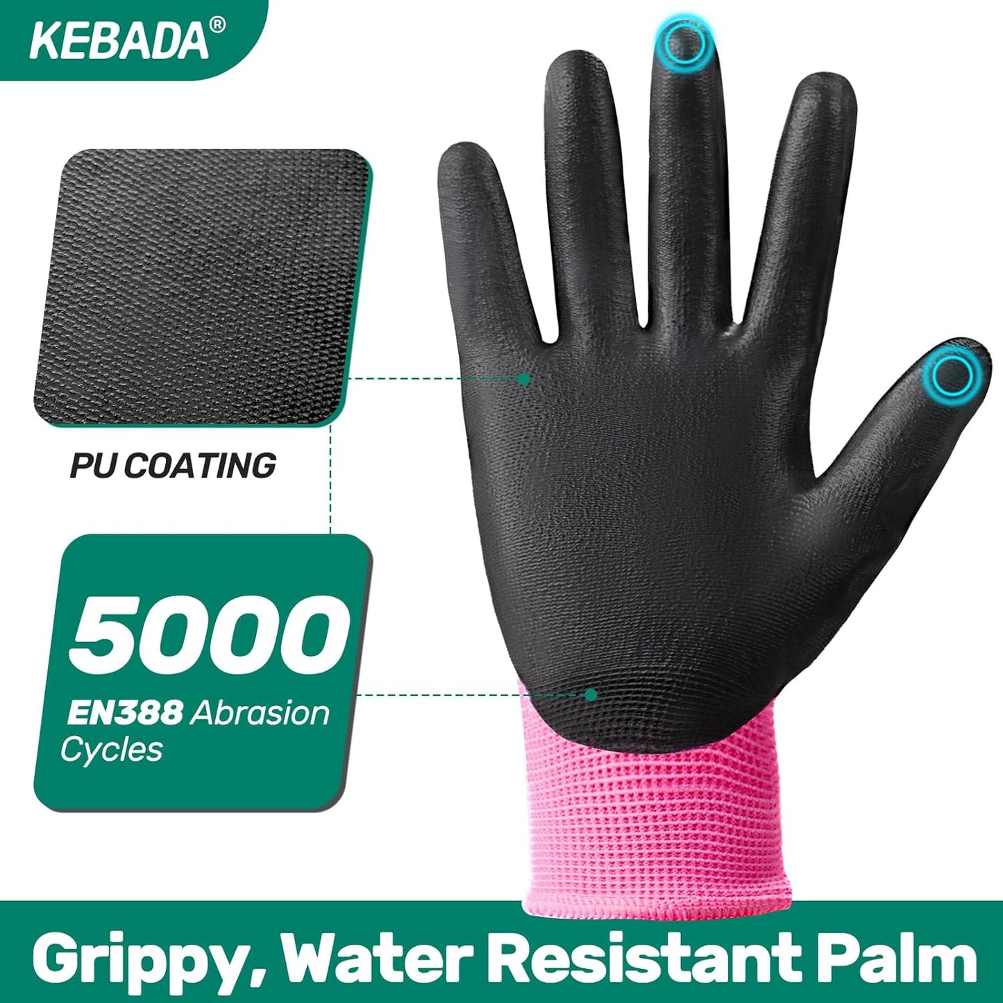 Kebada W1 Work Gloves Women, PU Coated Safety Gloves with Grip, Touchscreen, Ideal for Warehouse Package Handling, Construction, Gardening, Pink Small