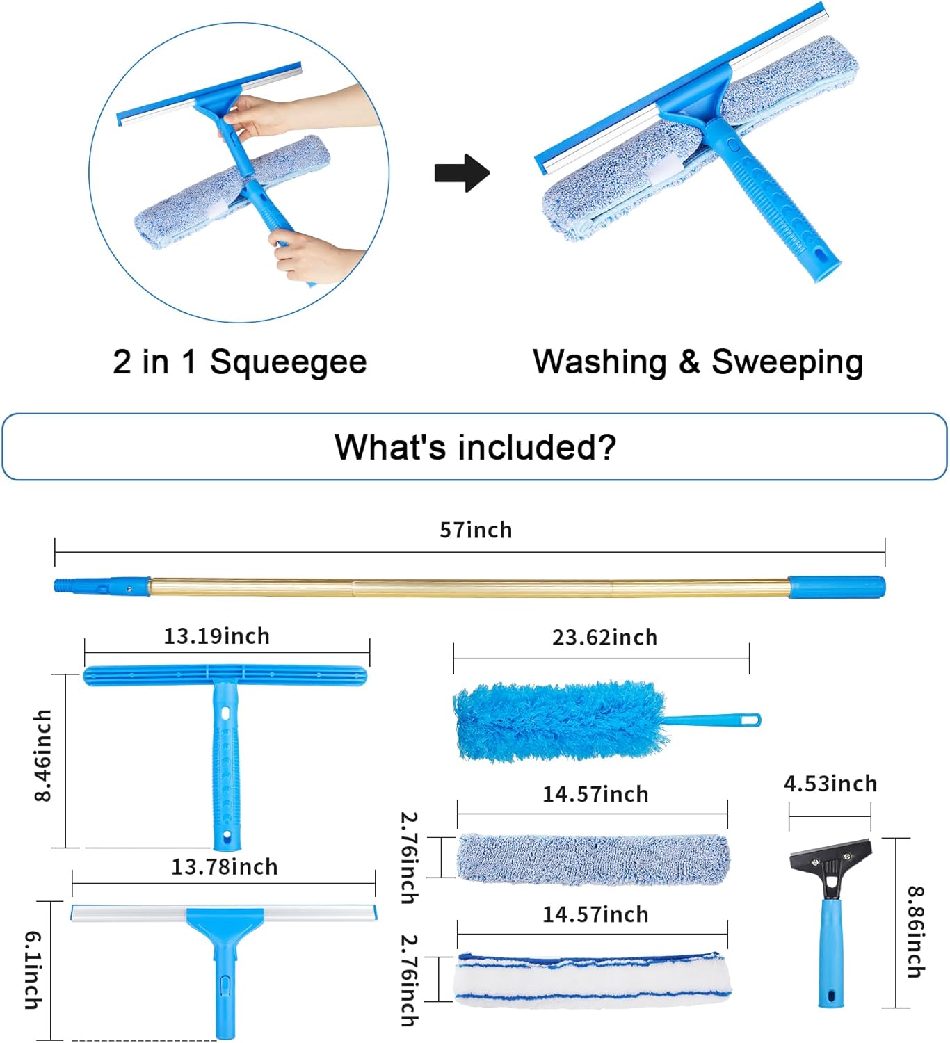2 in 1 Window Squeegee Cleaning Kit with Aluminum Alloy Extension Poles, Scrubber, Glass Scrapper, Bendable Duster,2 Scrubber Cloth for Window, Car, Floor, Home, Garden