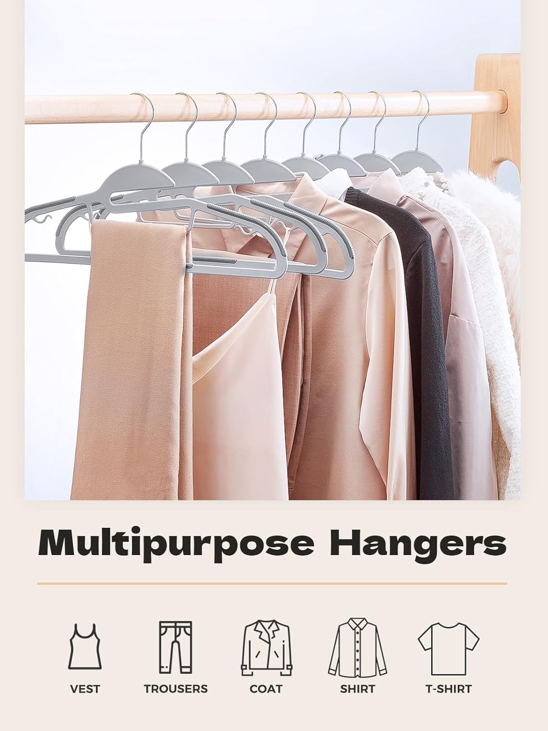 HOUSE DAY Heavy Duty Plastic Hangers 100 Pack, Grey Slim Clothes Hangers Space Saving, Durable S-Shaped Non Slip Coat Hangers with Rubber Pads, 360° Swivel Hook, Ideal for for Shirt, Suit, Pant, Skirt