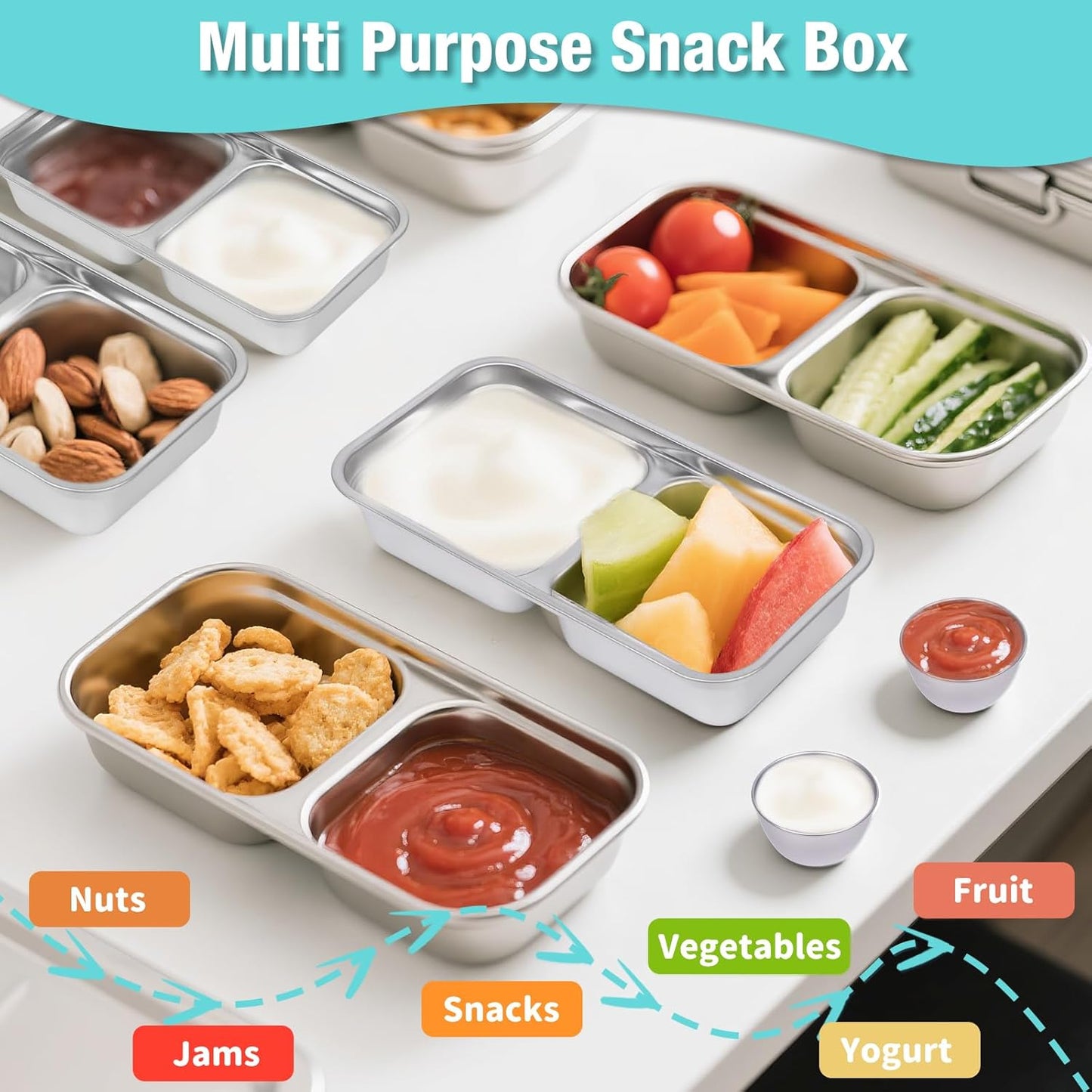 6 Pack Stainless Steel Snack Containers with Lids, 2-Compartment Bento Box, Lunch Box & Salad Dressing Container To Go, Leakproof Food Storage for Adults, Dishwasher Safe for Travel Office