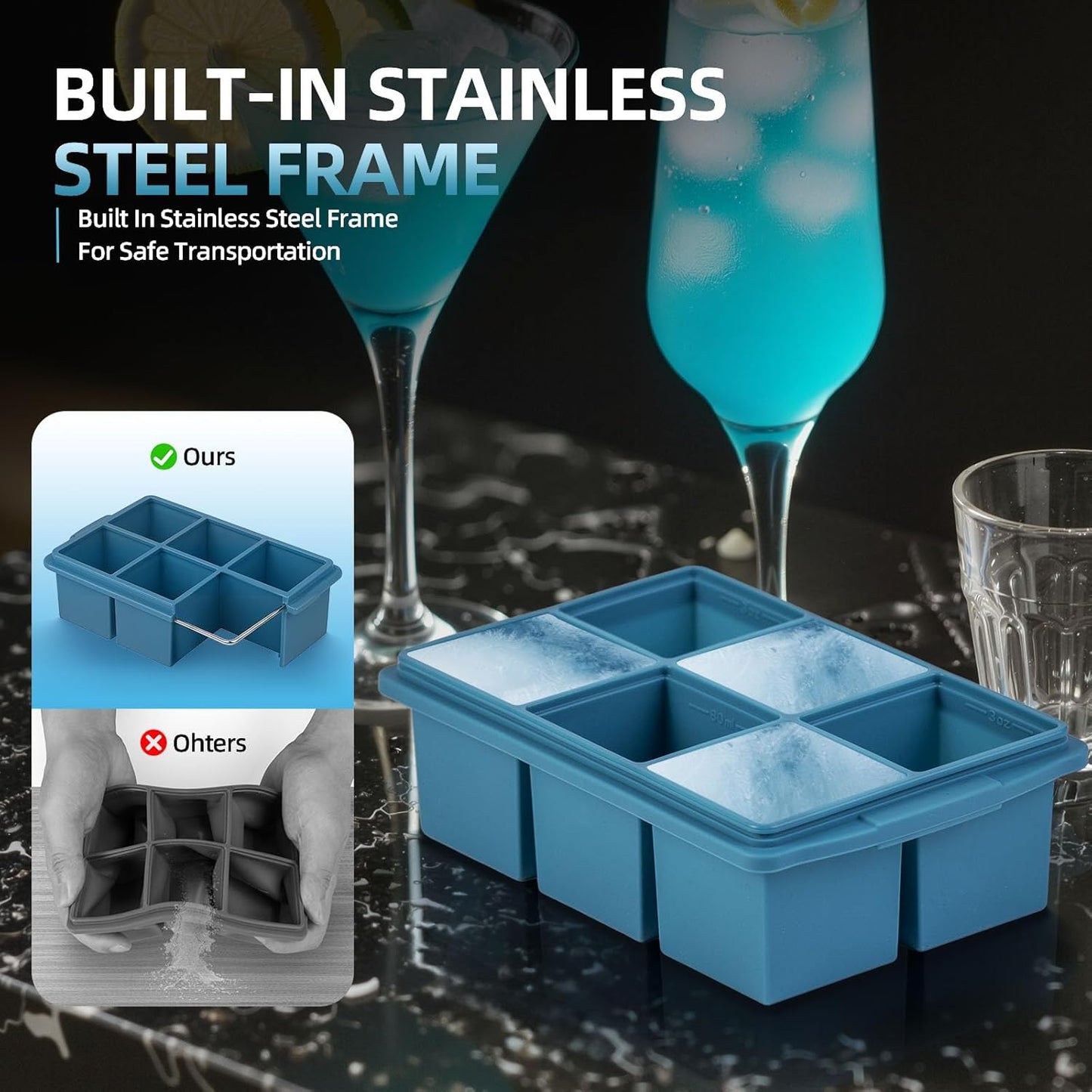 Large Ice Cube Trays for Whiskey (2 Pack) - Silicone Ice Cube Molds with Steel Frame Reinforcement & Lid, 2-Inch Square Ice Cubes for Whisky, Cocktails, Coffee, Tea - Easy Release