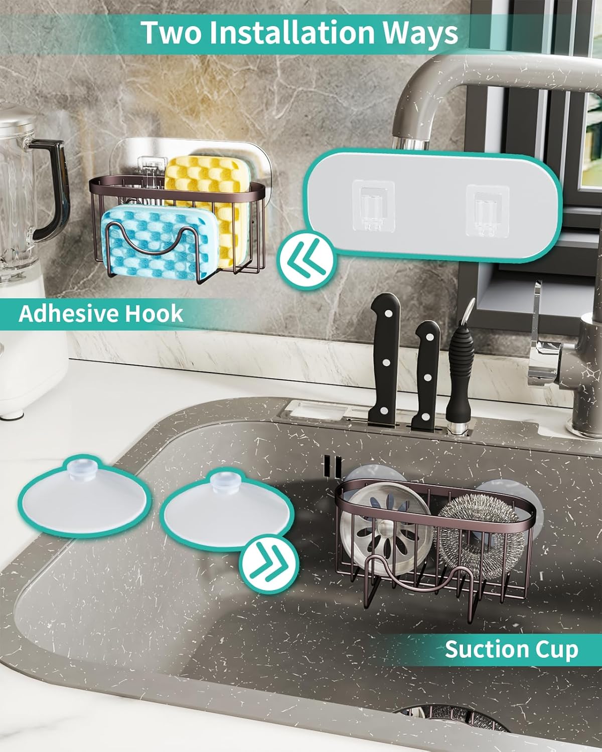 HapiRm Multifunctional Sponge Holder for Kitchen Sink with Unique M-Shaped, 2 Installation Methods Sink Caddy, Stainless Steel Kitchen Organizer for Sponge, Brush, Sink Stopper and Scraper -Bronze