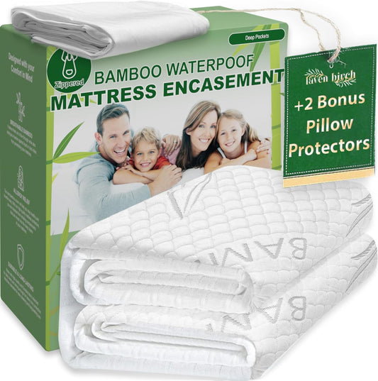 Bamboo Rayon Mattress Protector with Zipper + 2 Pillow Protectors - 100% Waterproof Cooling Cal King Size Cover - Ultra Soft Fabric Breathable Noiseless Mattress Pad Covers Zippered Encasement