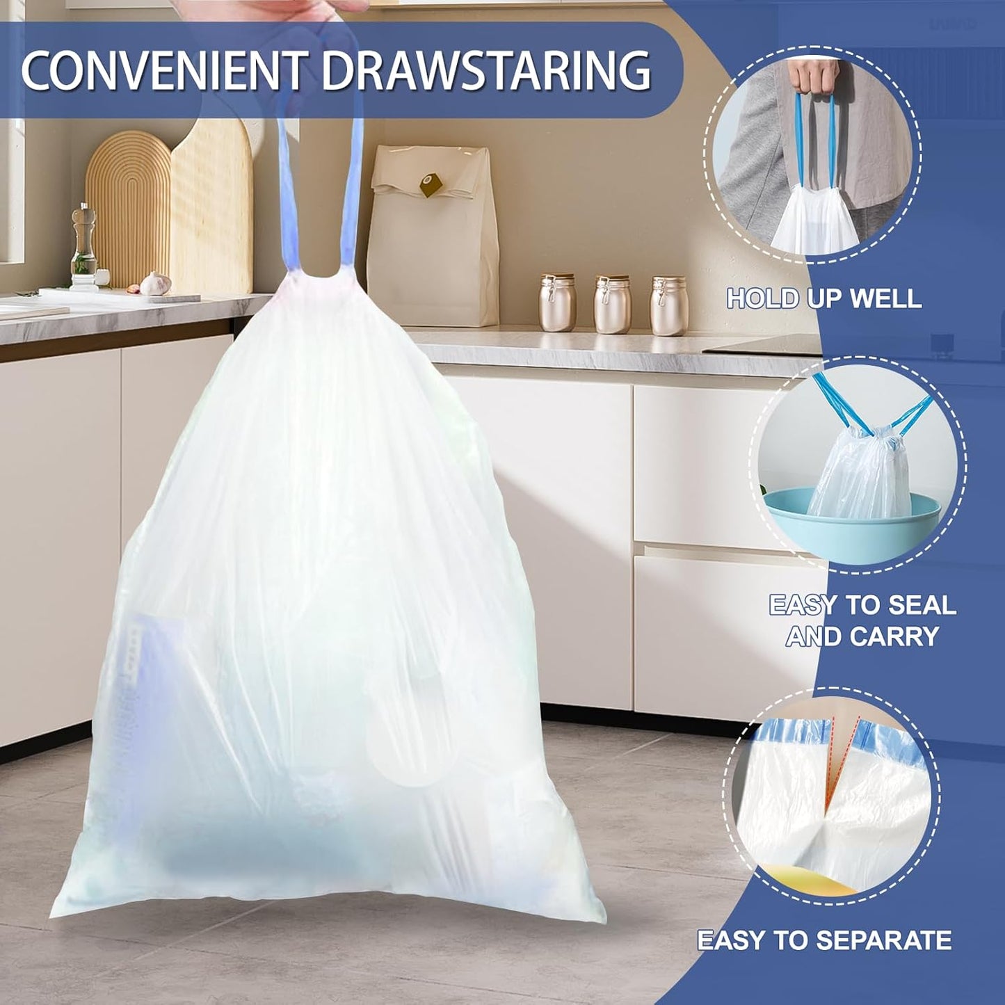 150 Count 6 Gallon Trash Bags Drawstring - 1.1 Mil Heavy Duty Medium Garbage Bags,22.5 Liter Strong Plastic Can Liners Unscented,Thick Waste Basket Bags for Bathroom Office Kitchen