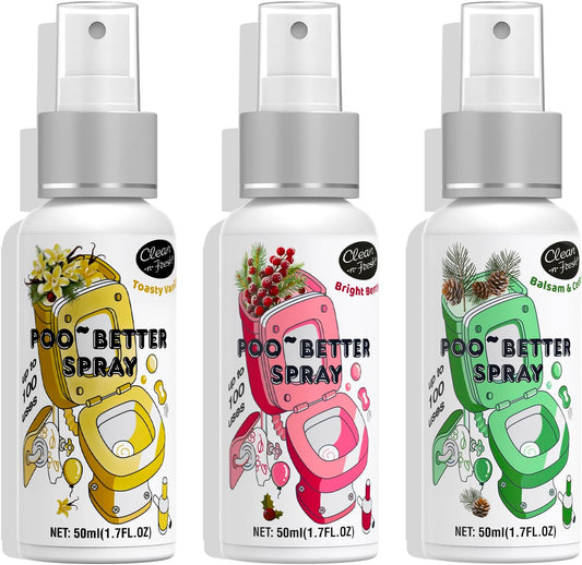 Clean-n-Fresh Holiday Toilet Spray, 3 Pack Gift Set- Balsam & Cedar/Toasty Vanilla/Bright Berry, Bathroom & Toilet Odor Deodorizer, Travel Size Toiletries, Total 5.1 Fl Oz