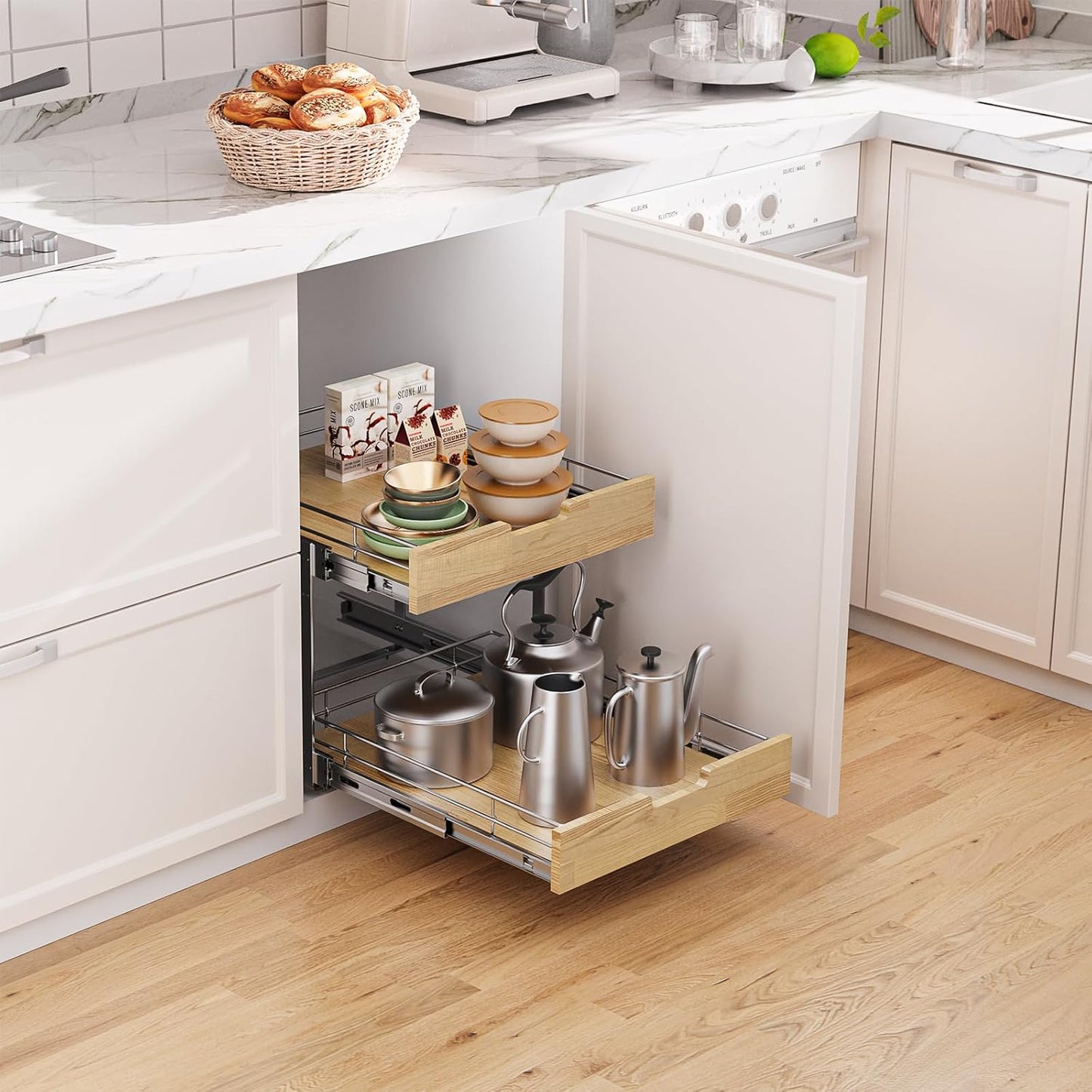 Pull Out Cabinet Organizer,Heavy-Duty Slide Out Shelf, Wood and Wire Basket, Pull Out Drawer for for Kitchen Under Sink Space, Pantry, Bathroom, 2 Tie 23 * 21 in