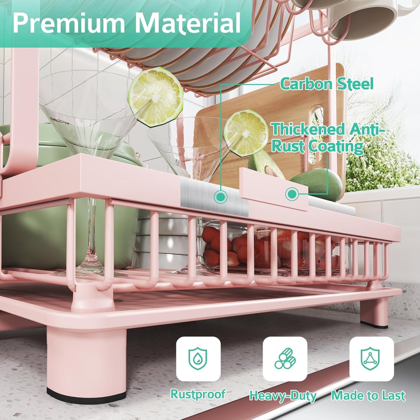 Multifunctional Dish Drying Rack - Rustproof, 2-Tier Dish Racks with Drainboard, Space-Saving Design, Utensil & Cup Holder for Kitchen Counter, Pink