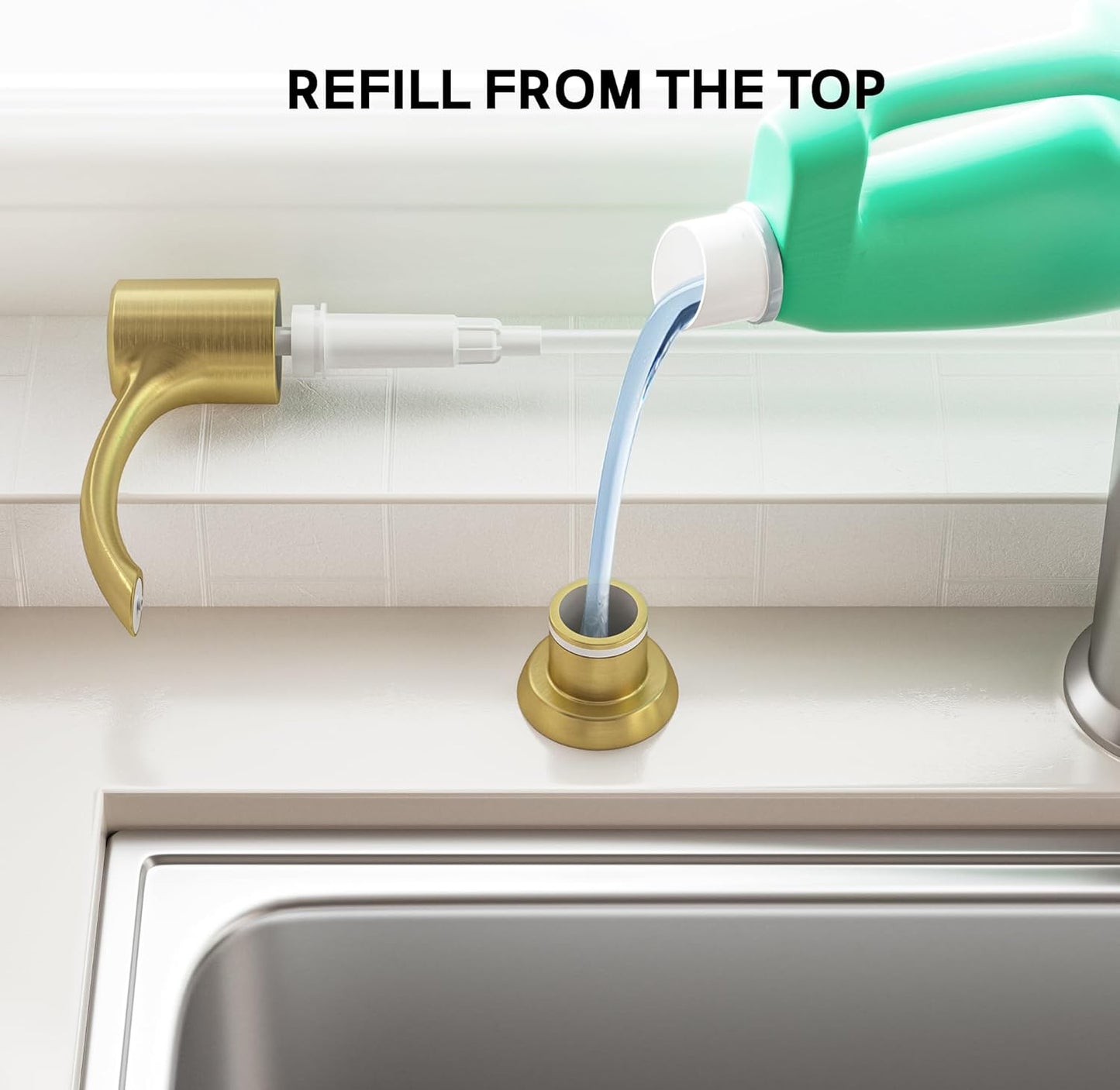 SAMODRA Built in Kitchen Sink Soap Dispenser (Brushed Gold) with 12 oz Large PET Lotion Bottle, Refill from Top