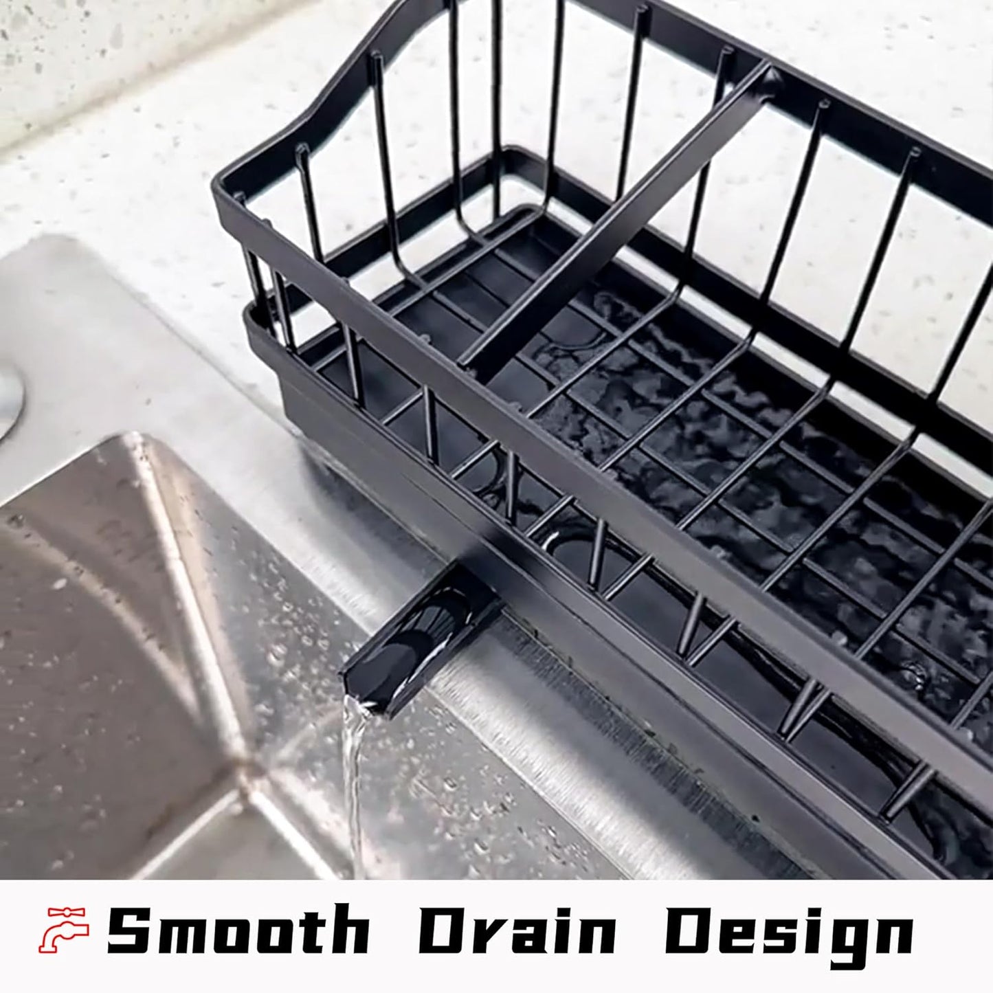 Large Sponge Holder for Sink, Stainless Steel Sink Caddy Organizer with Rotatable Spout - Kitchen Sink Organizer for Sponges, Brushes, Detergent & Sink Stopper - Space Saving Home Essentials