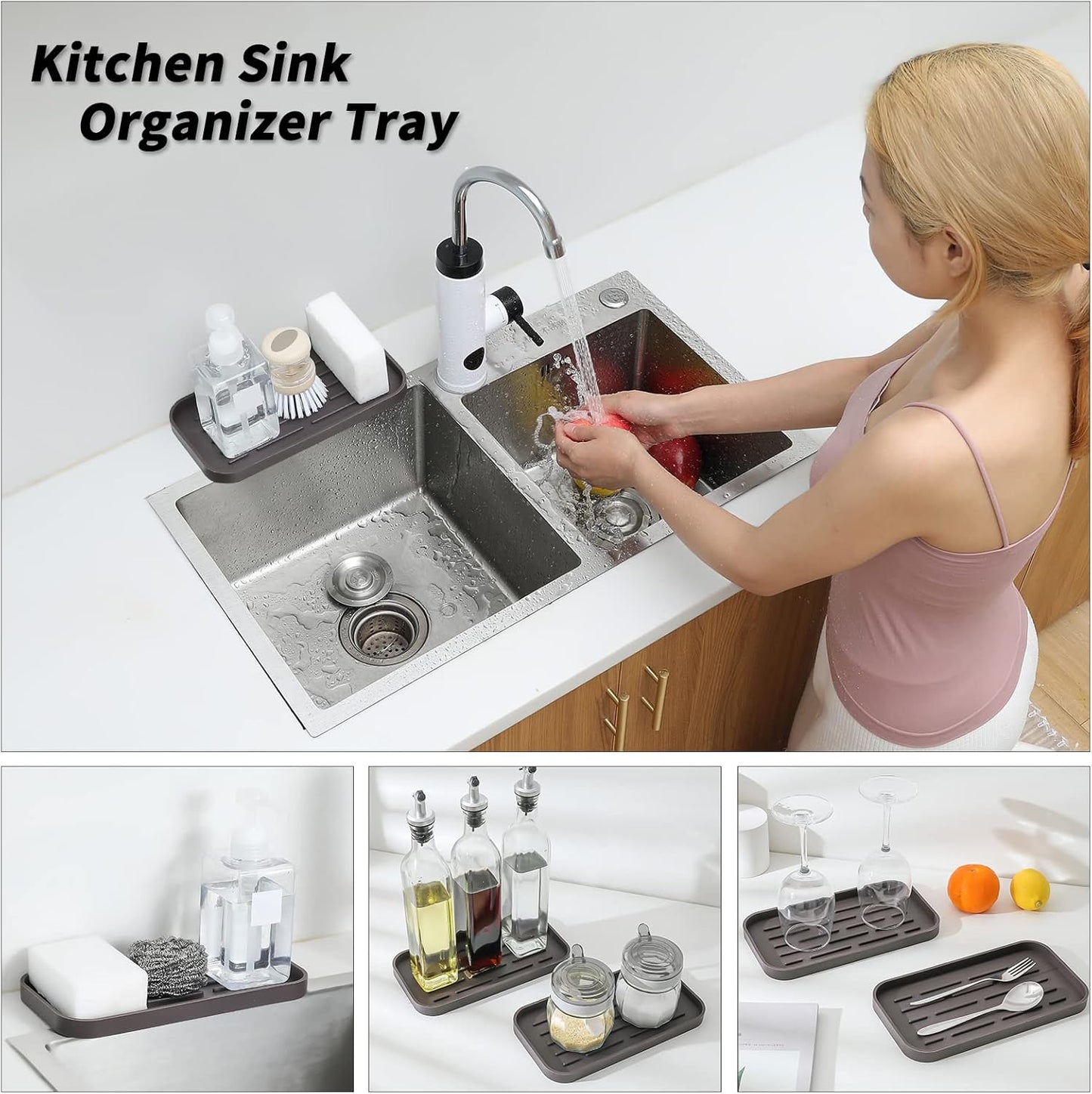 Silicone Kitchen Sink Organizer Tray for Multiple Usage,Eco-Friendly Sponges Holder for Kitchen Bathroom Counter or Sink,Dish Soap Dispenser,Scrubber,Bottle,Cup (Coffee, 10"×5.3")