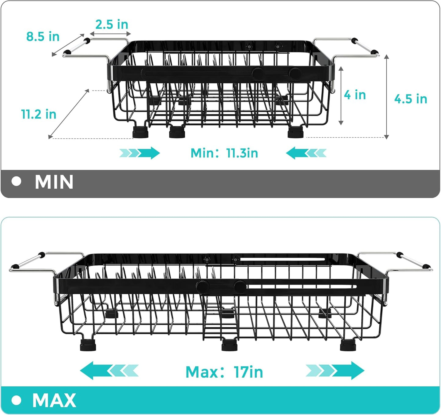 Small Expandable Over The Sink Dish Drainer Drying Rack In Stainless Steel Metal For Kitchen, Counter Space Saving Black Compact Above Plate Dryer Strainer, Adjustable Hanging Inside Sink Drain Holder